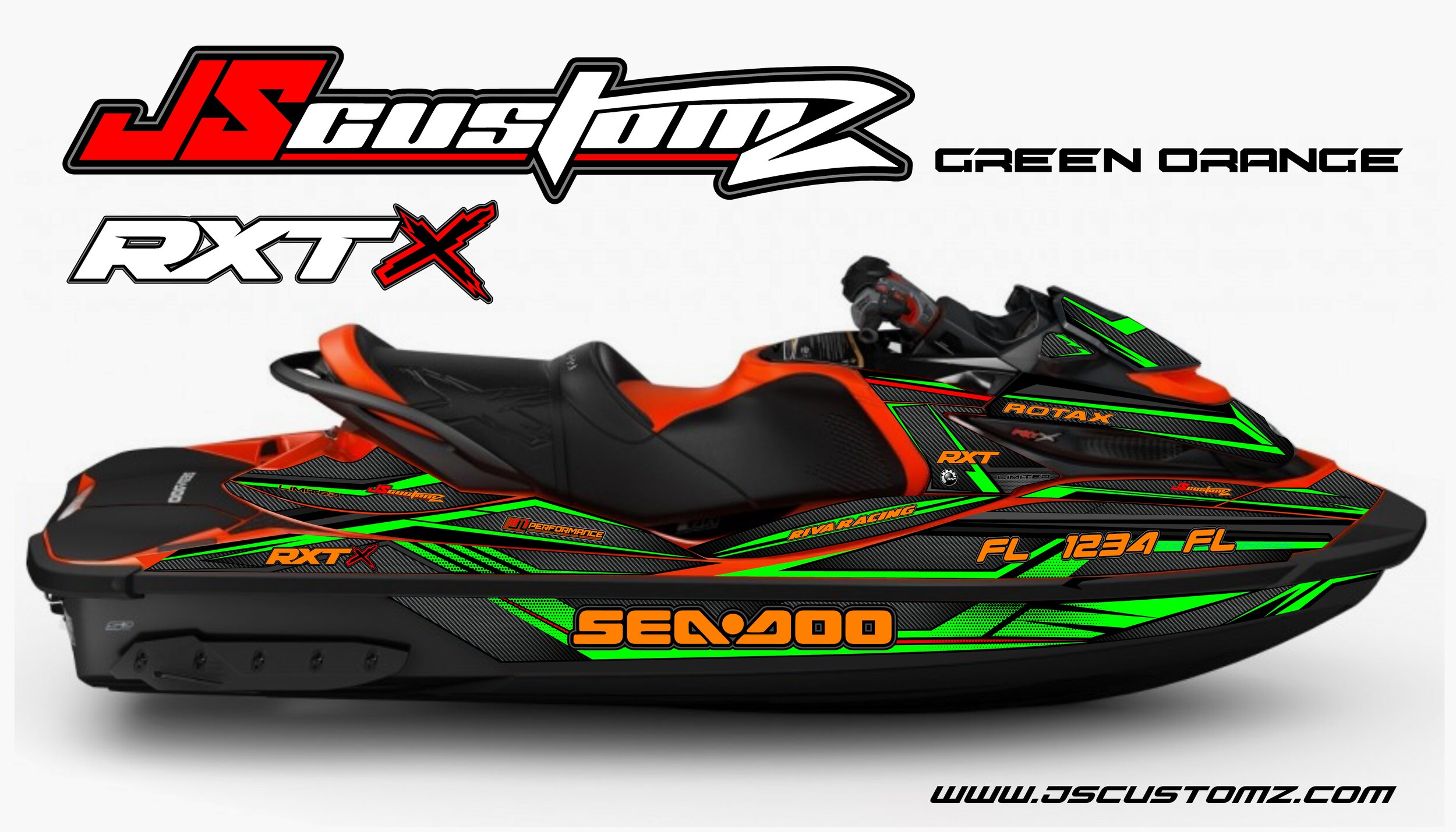 SEADOO RXT ST3 JS1 FULL COLOR GRAPHIC KIT DARK GREEN ORANGE.jpg
