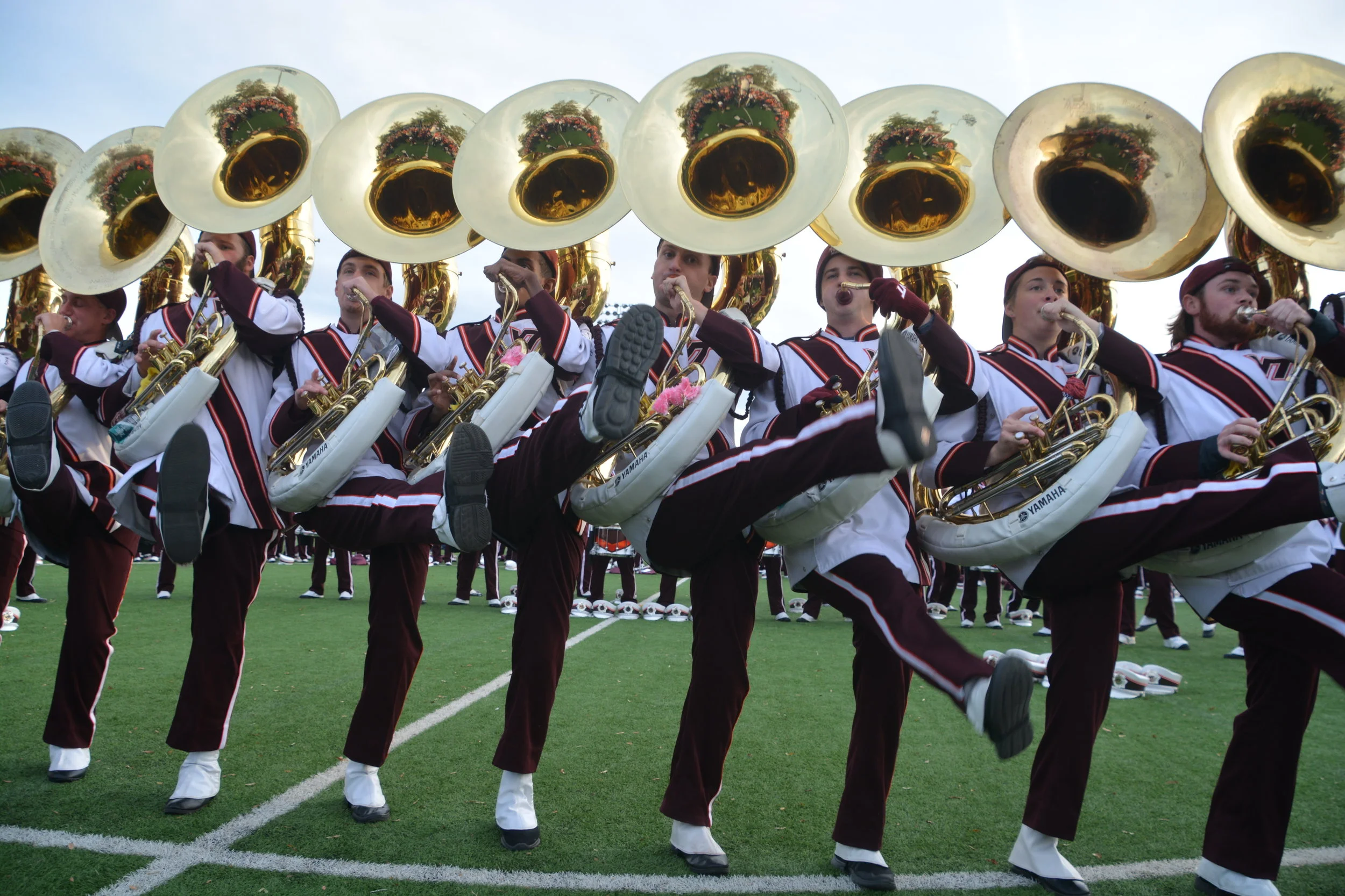 The Marching Virginians Super Sousaphone section dancing “The Hokie Hokie” at Hokie Village; Source: Alana Hassett
