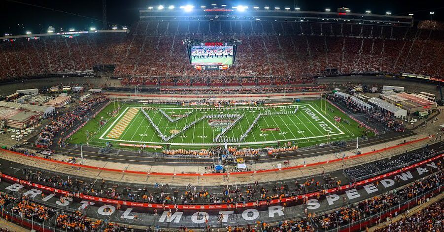 Marching Virginians creating a VT on the field at the Battle at Bristol, The Guinness World record holder for the highest attendance at a collegiate football game; Source: Facebook