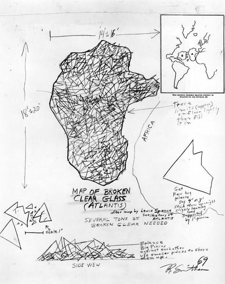 In 1969 artist Robert Smithson appropriated an illustrated map from Lewis Spence’s History of Atlantis and used it to form the basis for his installation Map of Broken Glass (Atlantis). 