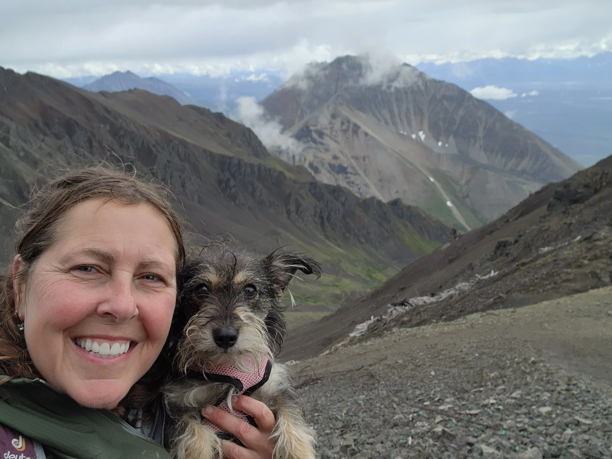 Denise and her dog, Ohney, on the Bonanza Mine Trail above Kennicott, Alaska.