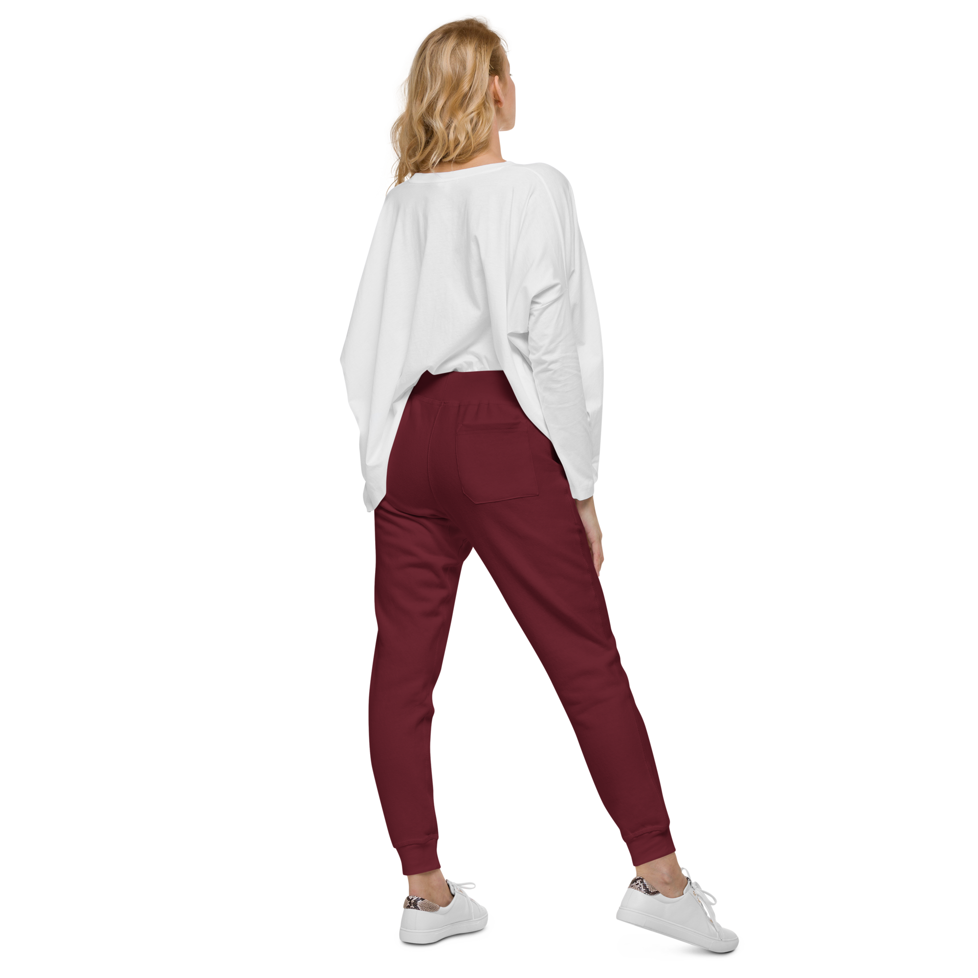 unisex-fleece-sweatpants-maroon-back-6ad9358a610ec.png