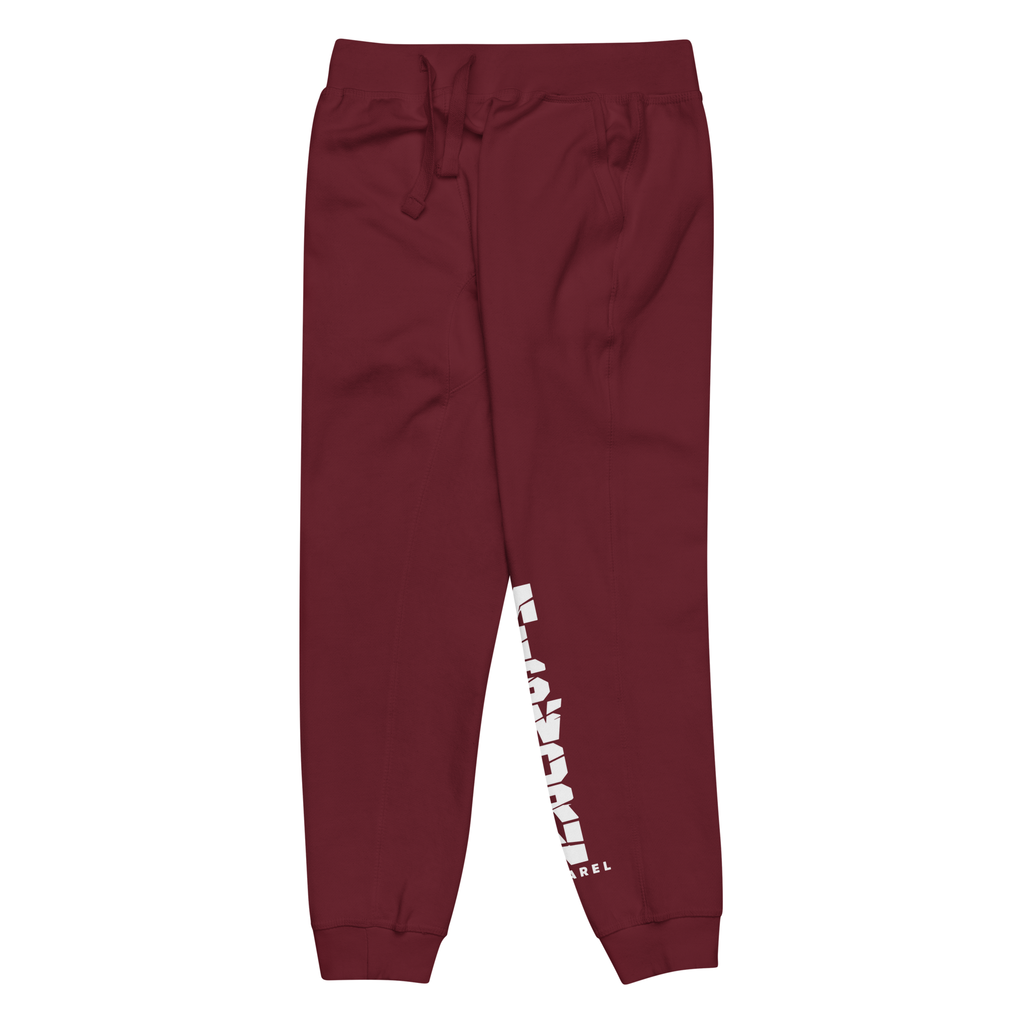 unisex-fleece-sweatpants-maroon-front-left-6ad9358a59a6b.png