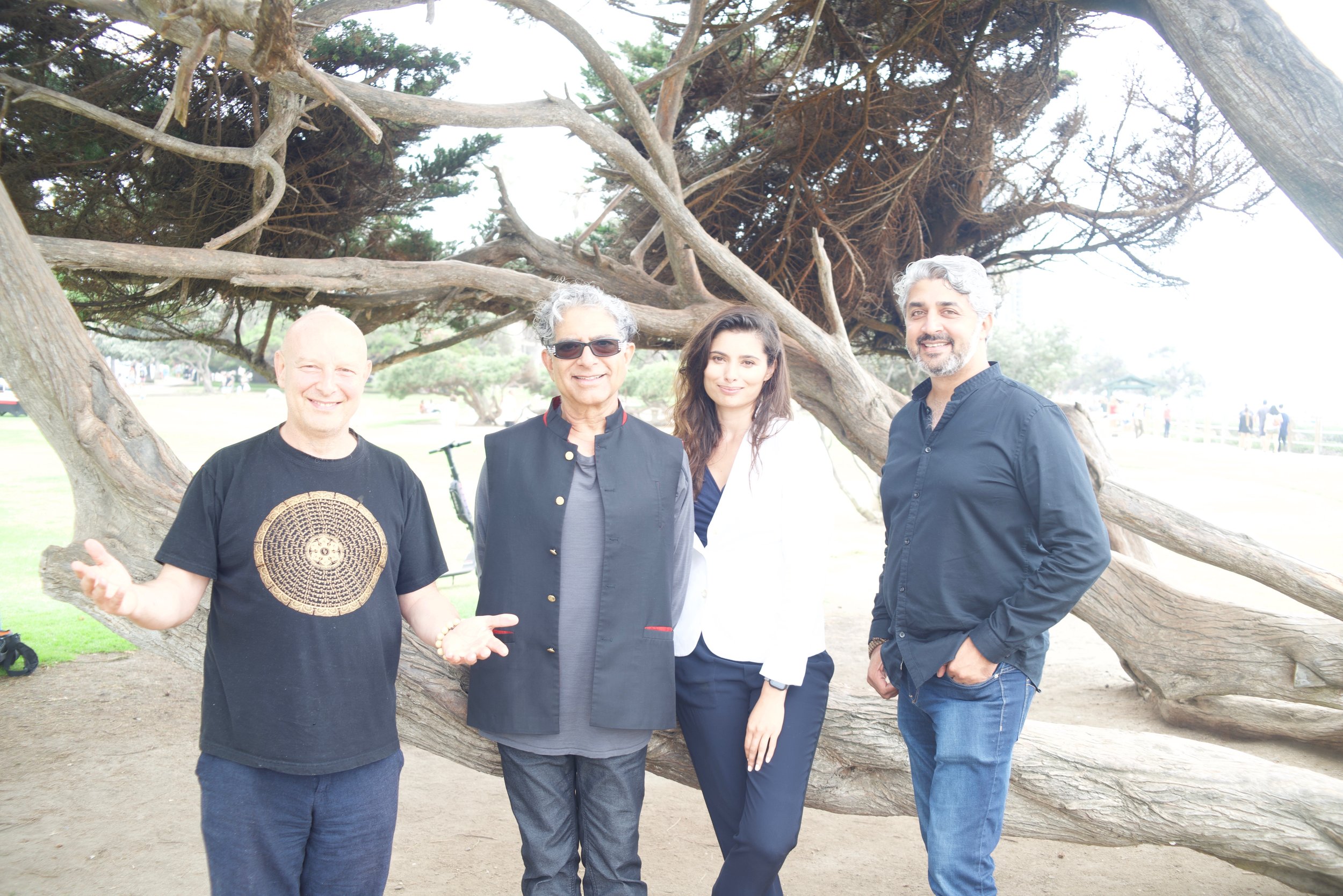 Co-founders of the Never Alone Movement (from left): Michel Pascal, Deepak Chopra, Gabriella Wright & Poonacha Machaiah. Photo by Shari Hoffman.