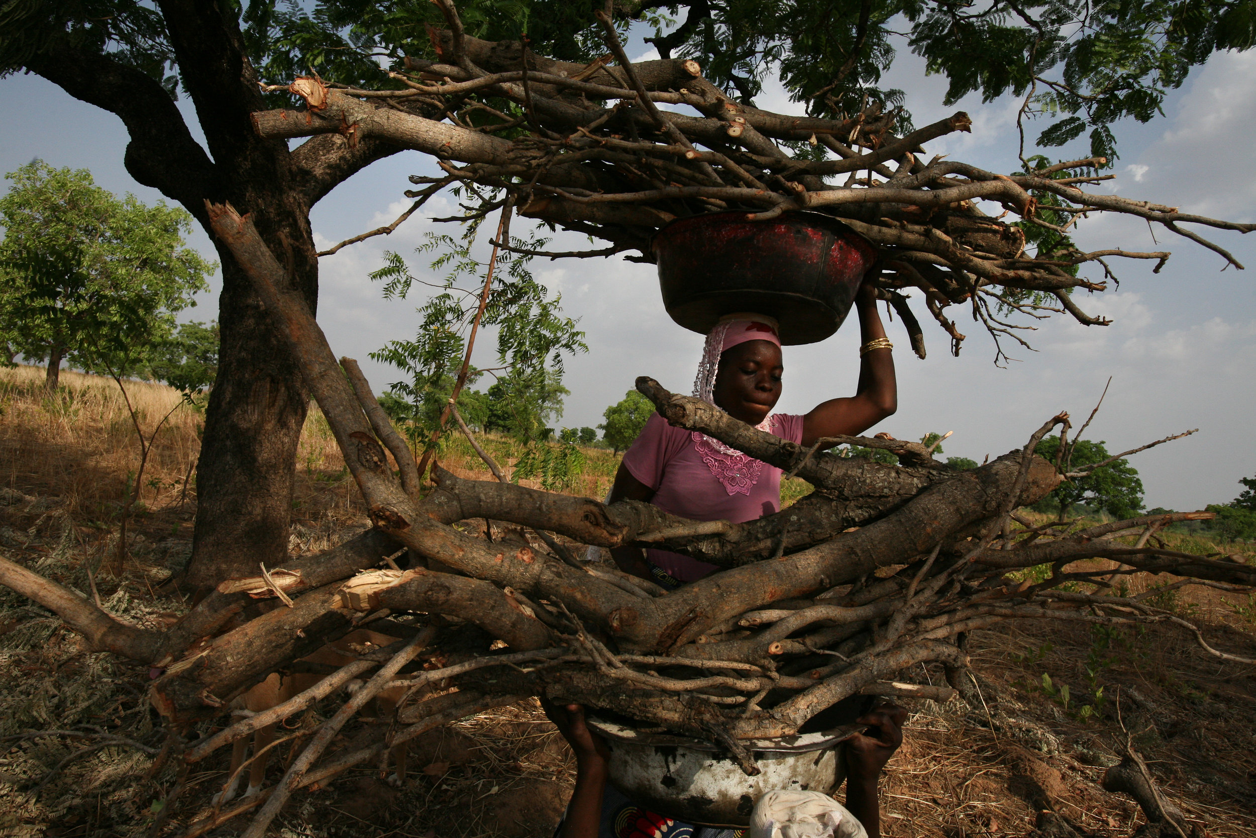  Amariya, a young woman who returned to her village to marry after working as a Kayayo in Accra, lifts firewood onto her head outside of Tampion, Northern Region, Ghana on March 25, 2009. As a recently married woman, she performs the majority of the 
