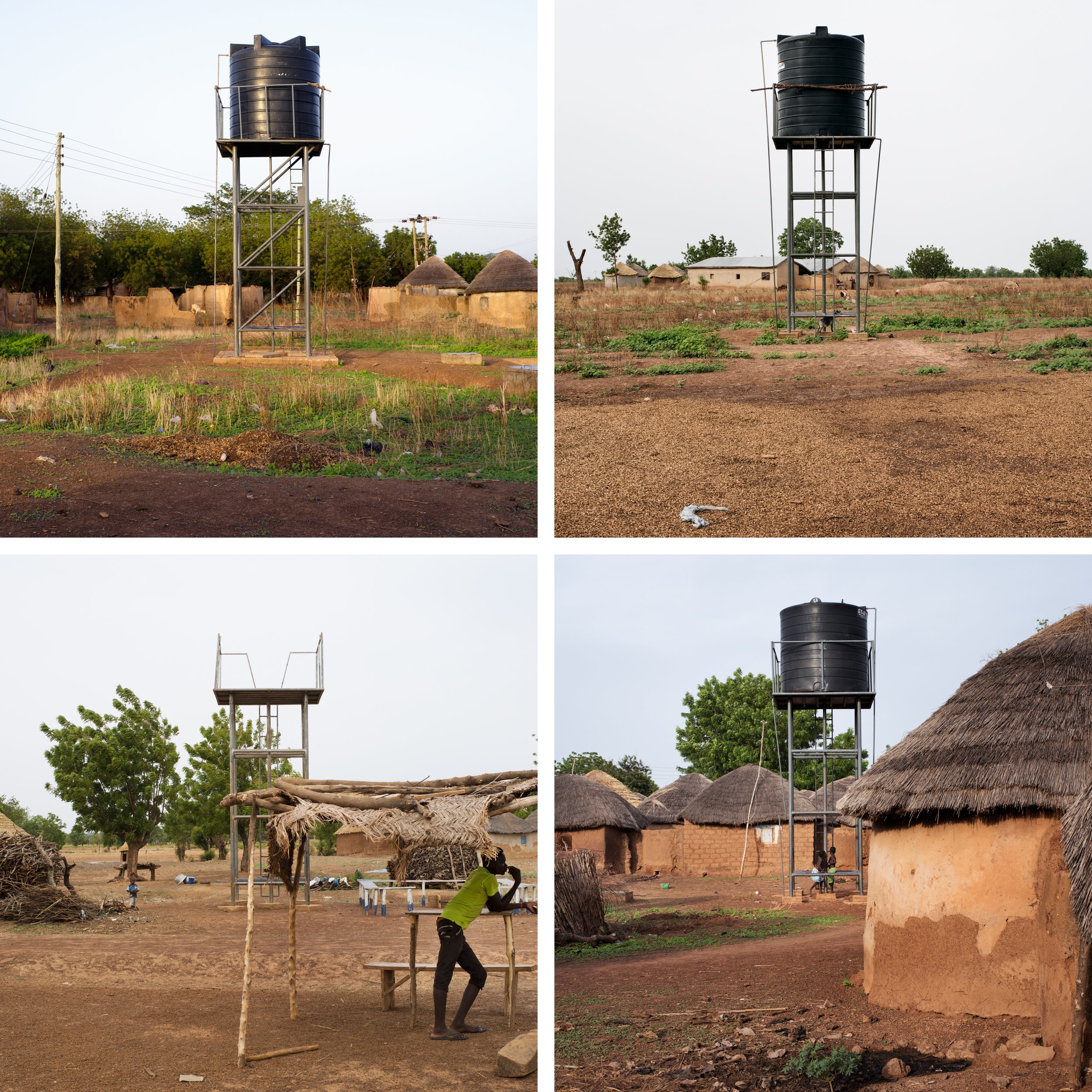  Four unused water towers. Chirifoyili, Northern Region, Ghana. Photographed May 21, 2016. At this point, UNICEF considered the project to be successfully completed, but the system was still not pumping water from the dam to Chirifoyili. 