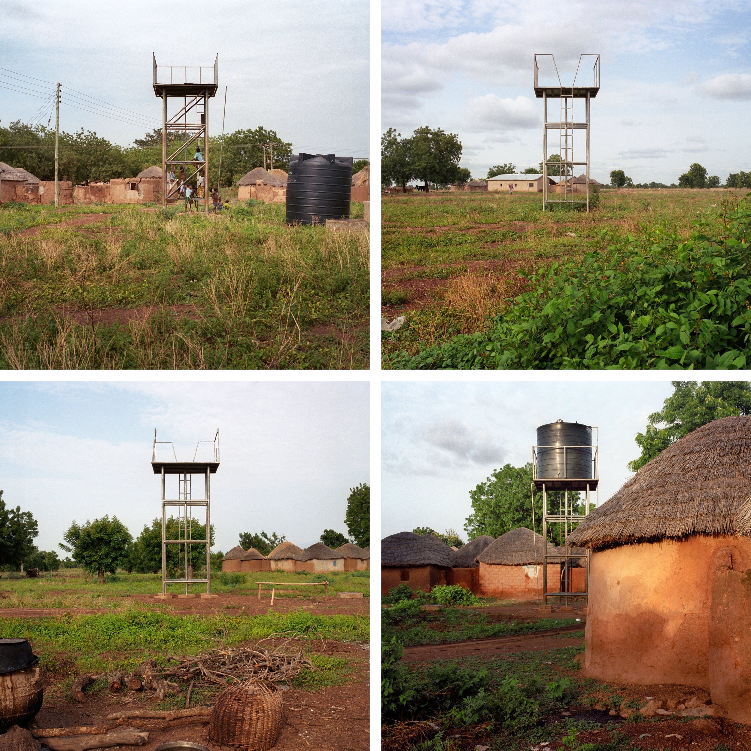  Four unused water towers. Chirifoyili, Northern Region, Ghana. Photographed June 13, 2014, before UNICEF considered the project to be complete.  In an effort to solve Chirifoyili’s water shortage and to counter the rise of Guinea worm disease – and 