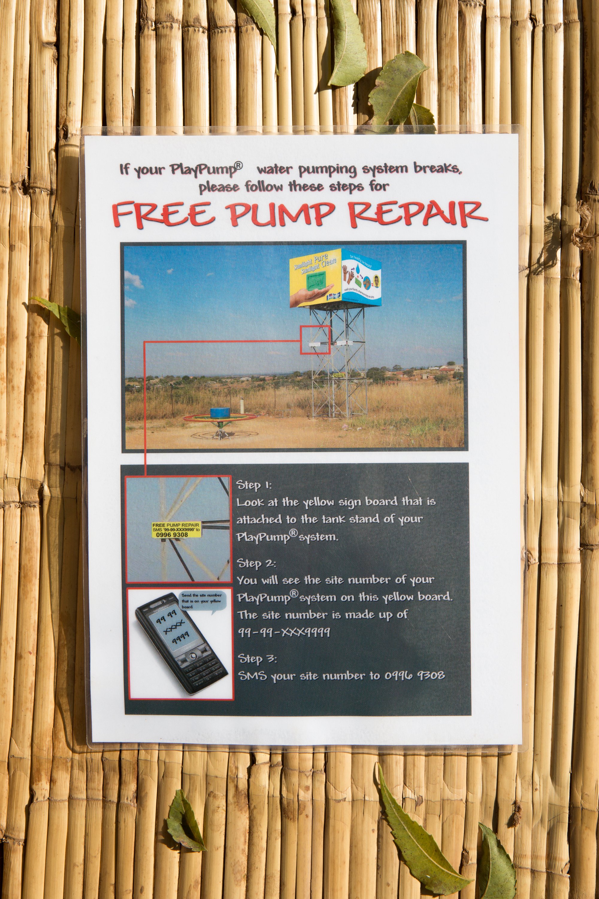  Instruction card for PlayPump repairs. Nkudzi Primary School in Zilipaine, Chikhwawa District, Malawi. Photographed June 8, 2015. This card was left behind with teachers at the school, who followed these instructions to report their broken PlayPump.