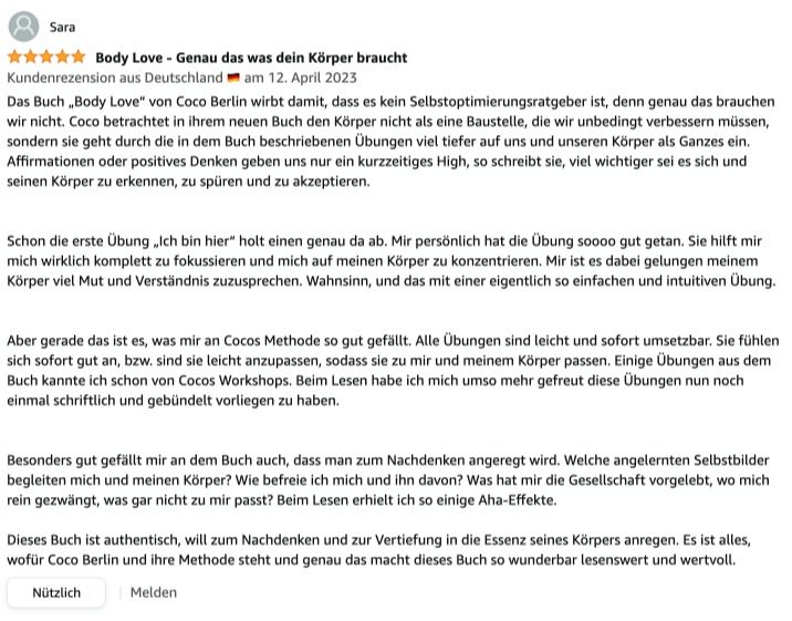 2023-04 Sara Amazon Kunde Amazon.de Kundenrezensionen  Body Love  Dein Körper ist der Schlüssel zur Selbstliebe - Das sinnliche Coaching mit über 80 Übungen.png