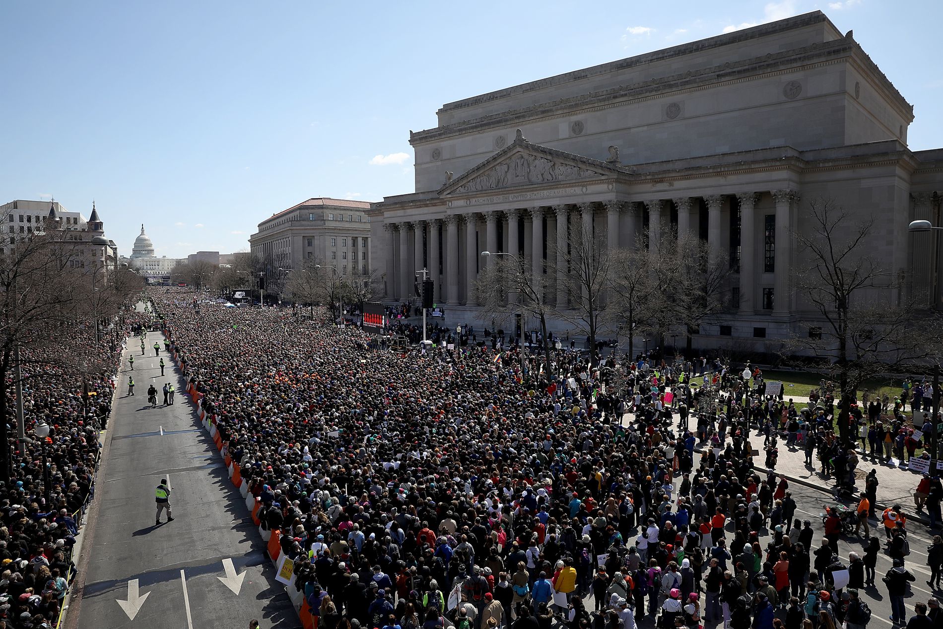 Thousands of people line Pennsylvania Avenue in Washington while attending the March for Our Lives rally on March 24, 2018, to call for gun-control measures. Hundreds of thousands of demonstrators, including students, teachers and parents gathered for the anti-gun violence rally. WIN MCNAMEE/GETTY IMAGES