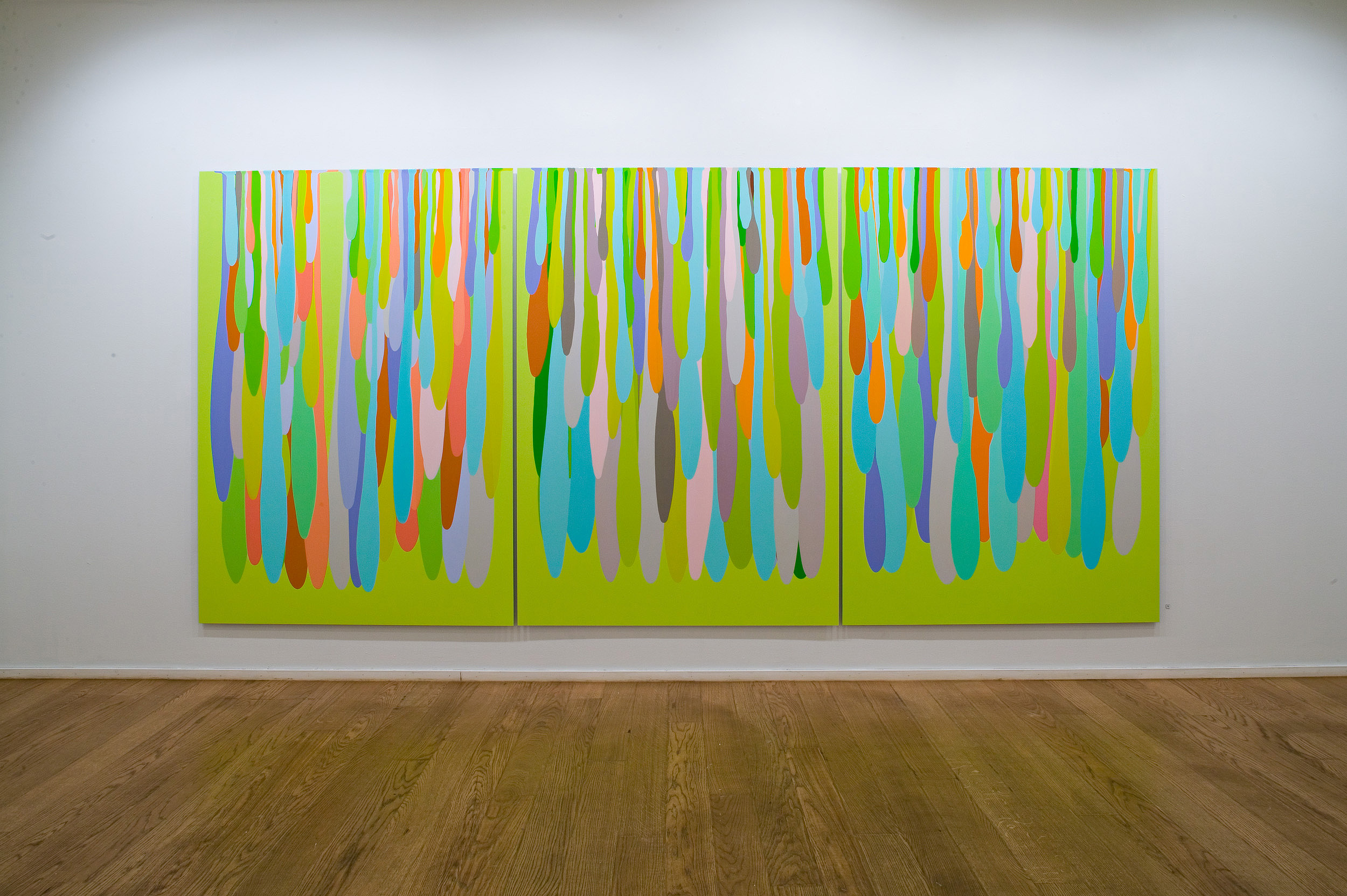   Gravity . 2005. Lacquer on aluminium. Each panel 200 x 140 cm. Overall 200 x 424 cm. 