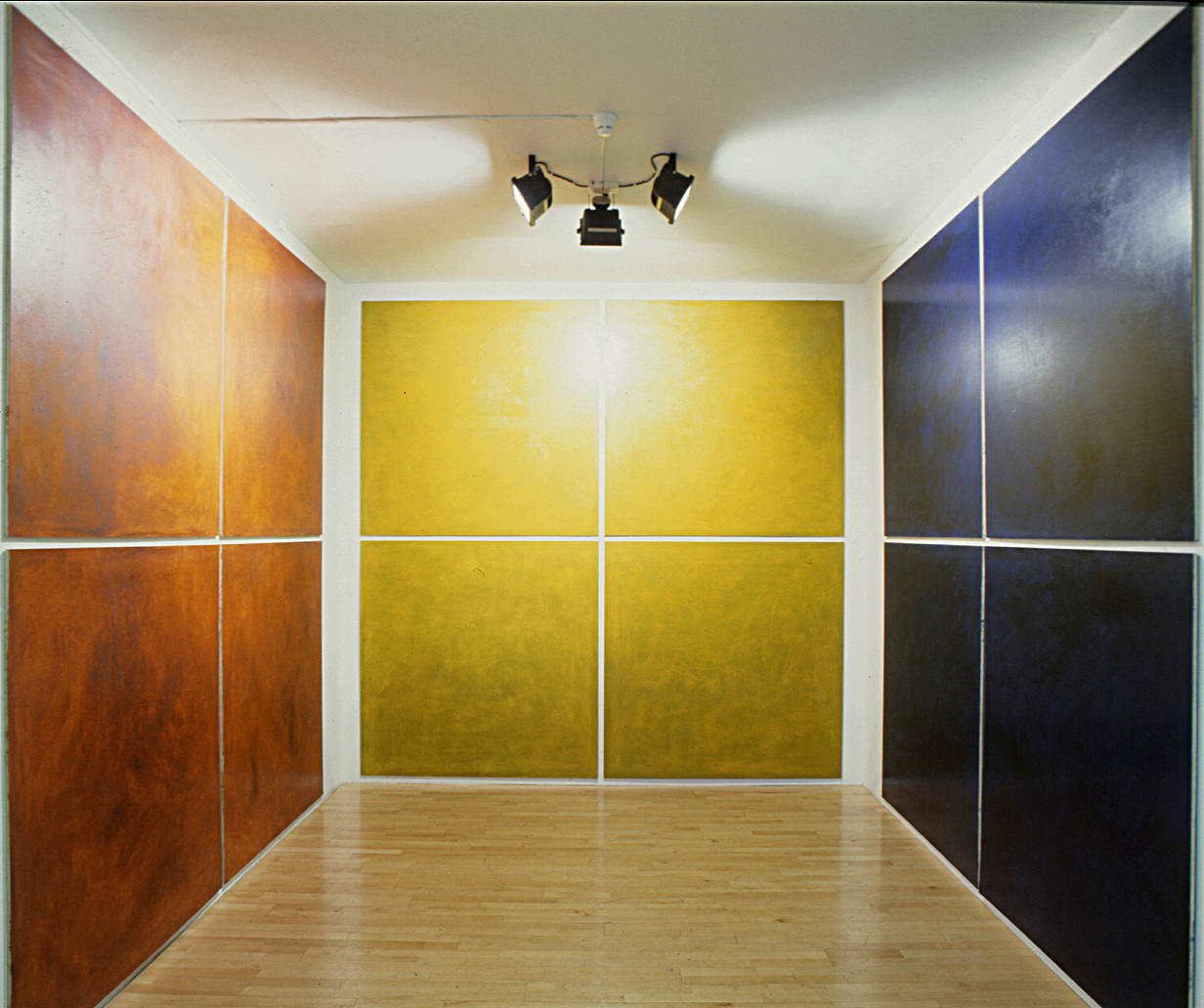  Installation view project room Galleri Riis Oslo.  Ludo . 1993. Oil and pigment on birch wood.&nbsp; 