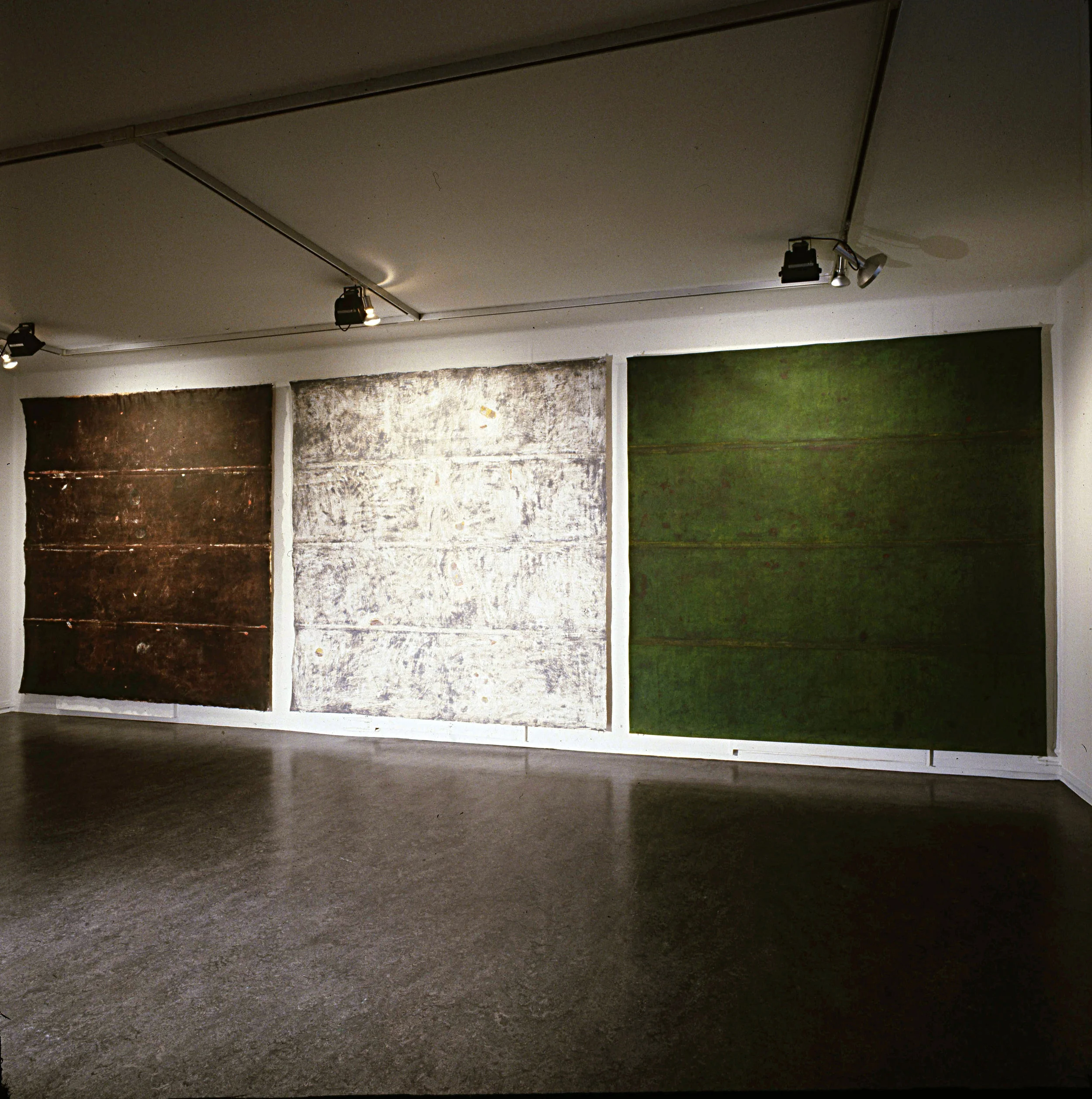 Installation view Kunstnerforbundet Oslo. Tundra I II III. 1992. Pigment on cotton canvas. 240 x 240 cm.