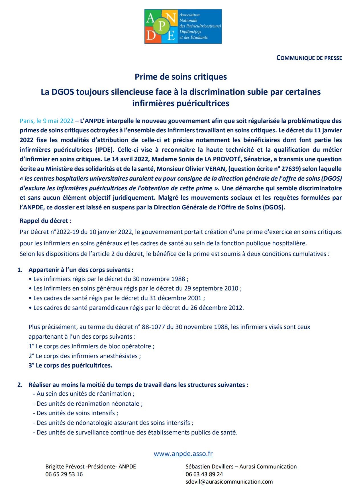 Communiqué de presse :Prime de soins critiques La DGOS toujours silencieuse face à la discrimination subie par certaines  infirmières puéricultrices