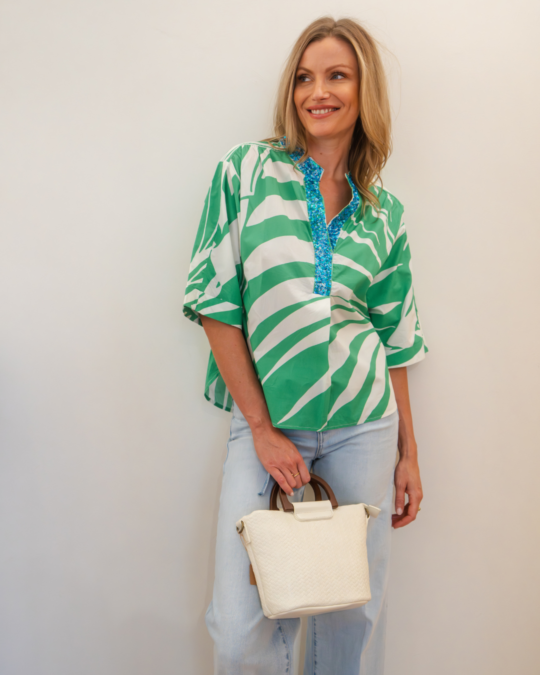 Senso Blouse met Groen Patroon en Paillettenkraag