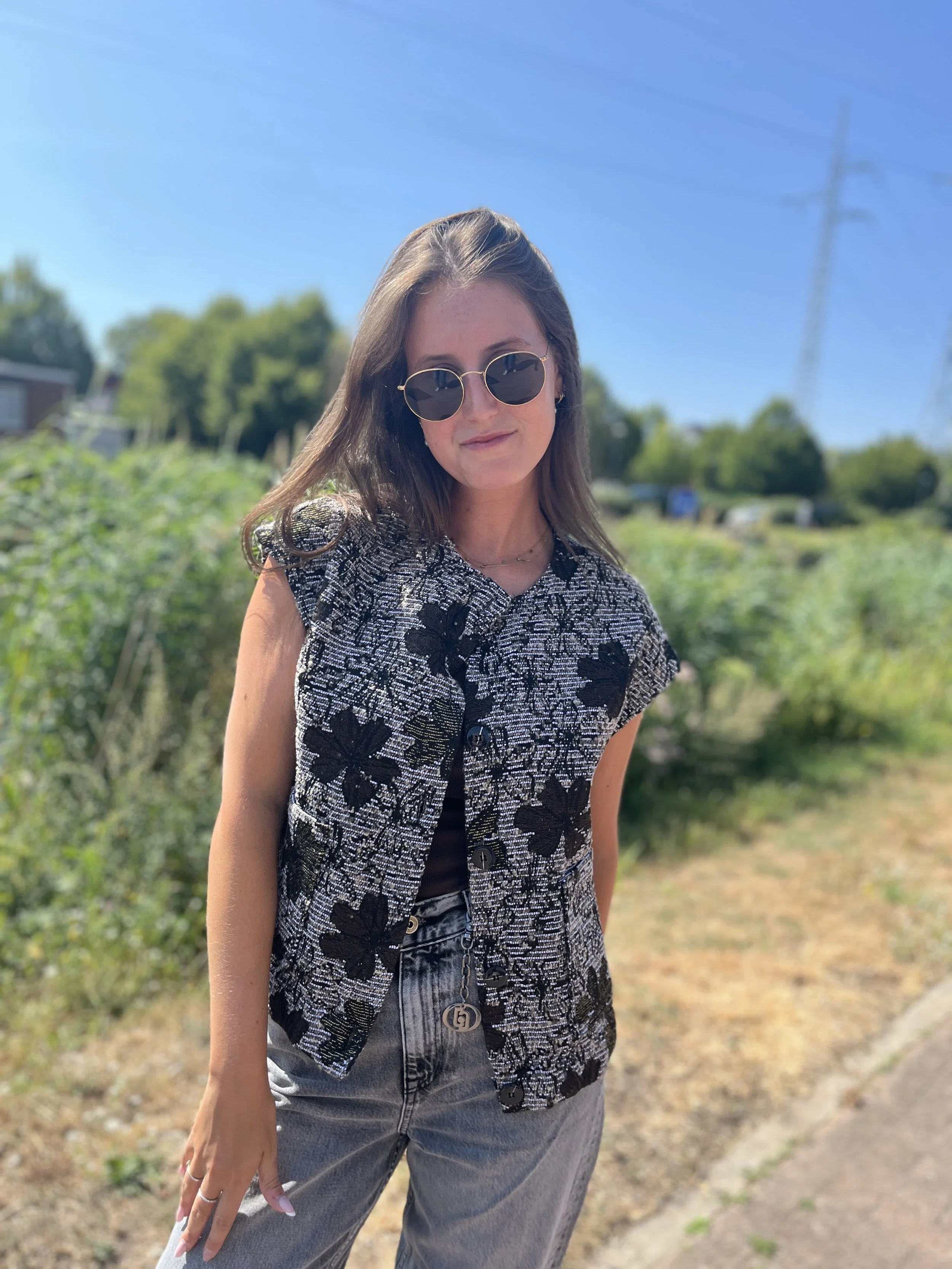 Lichtgrijze Liu Jo barrel jeans met bloemen gilet