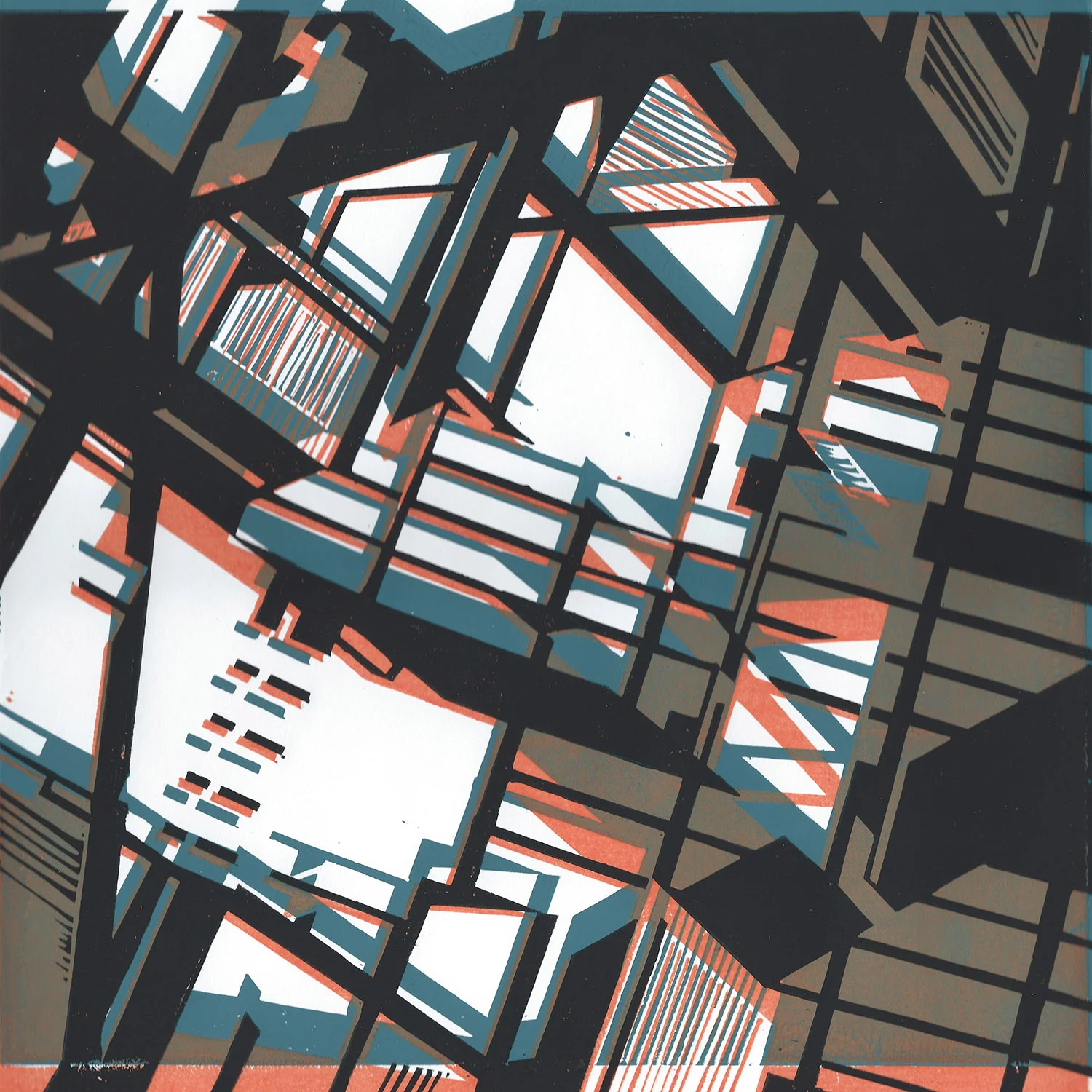 STRUCTURES 1, 2014 Three colour Linocut