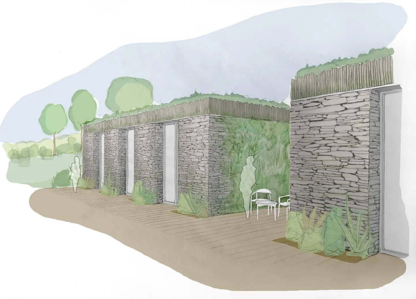 Planning approval for Blackawton Lodge! A new Eco-home semi-submerged into a Devon hillside.

Taking inspiration from local dry stone walling techniques, the lodge aims to recede into the agricultural vernacular of the area. 

Spread out on a single 