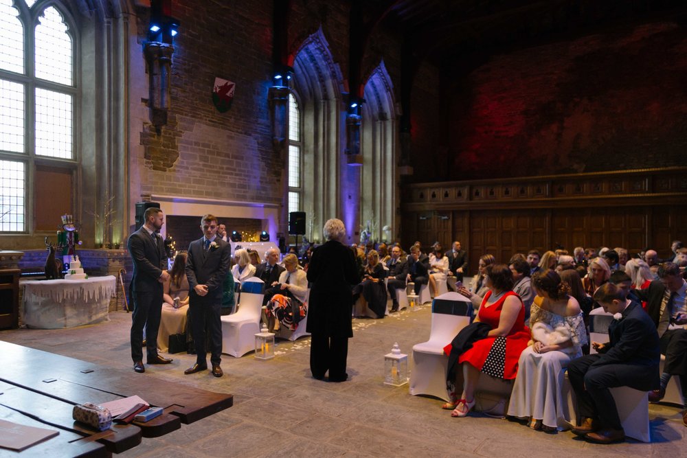 Photograph of the groom wedding for the brides arrival at the great hall at Caerphilly Castle