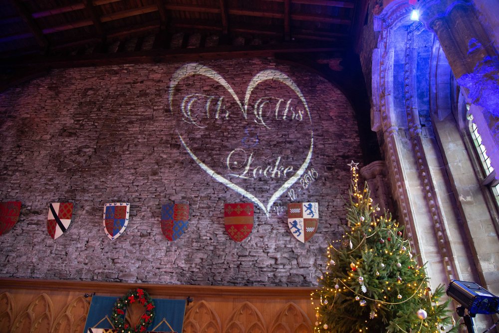 The Great Hall at Caerphilly Castle decorated for a christmas wedding 