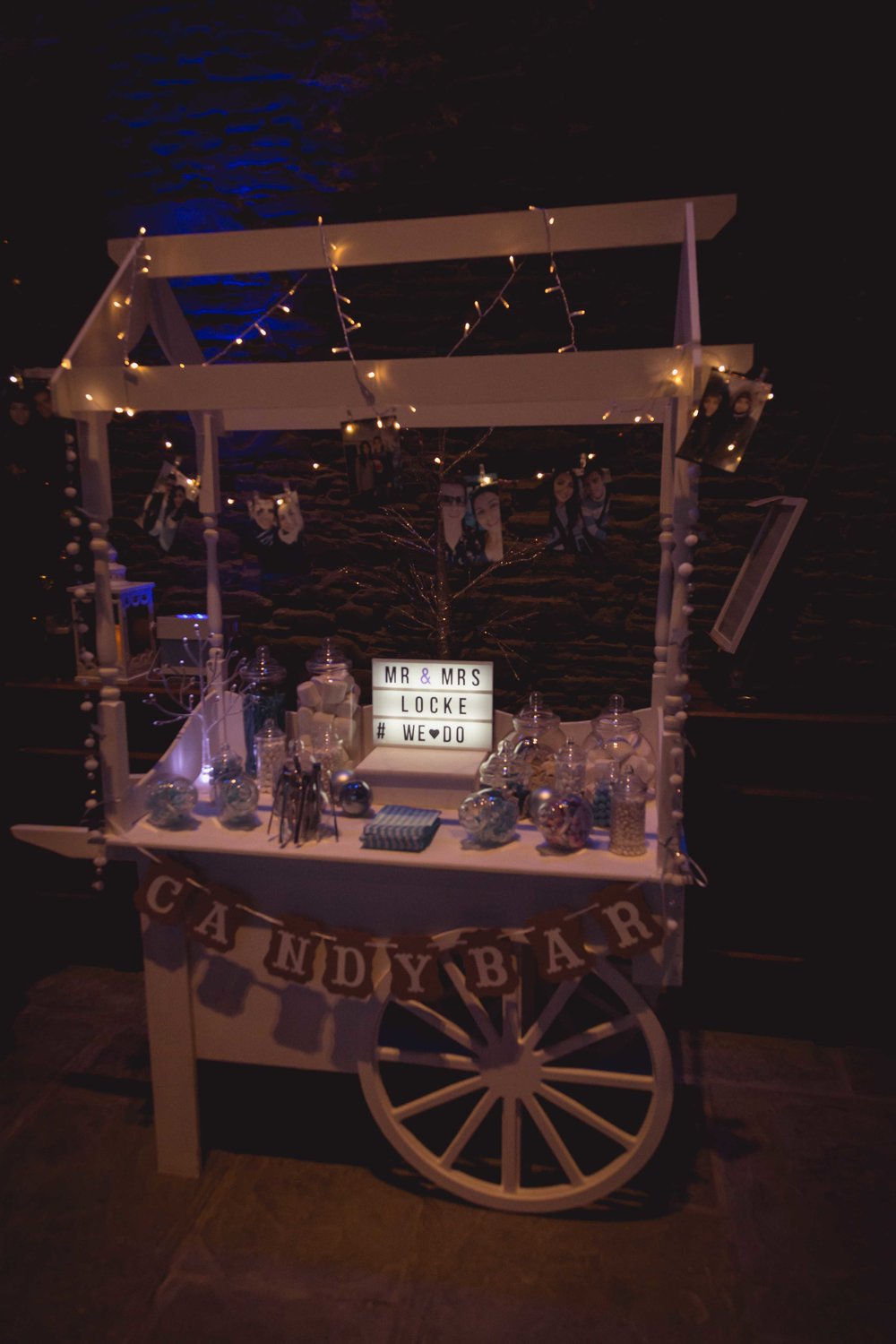 Close up image of a sweet cart at a wedding in Caerphilly