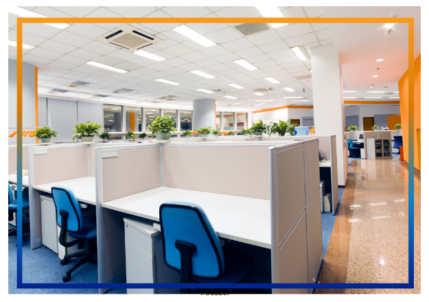 Empty office workspace with cubicles, blue chairs, potted plants, large windows, and overhead lighting.