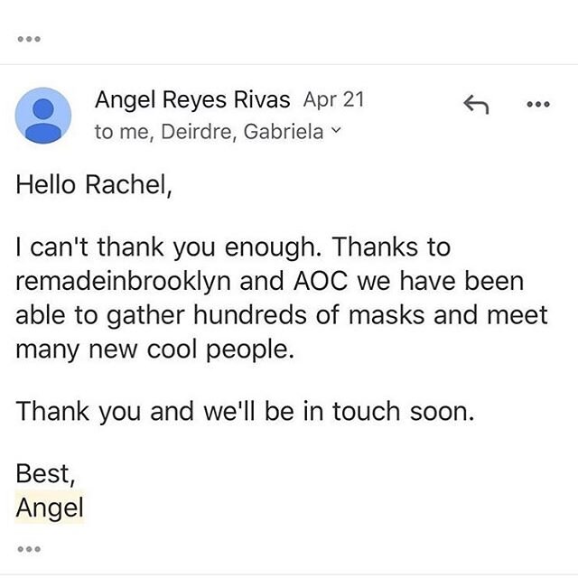 Happy Monday!
remember back in April when we were all making masks? I reposted a call to help local Farm Workers in Long Island. Today we got a lovely thank you note thanks to @rachelelkind 
and @aoc 😇💚
Feels so good to help🚀

#mutualaid #communit