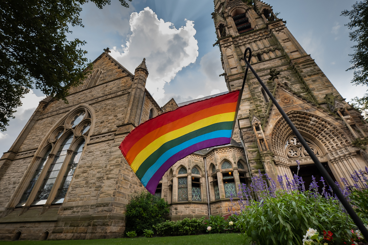 A rainbow flag outside of Calvary United Methodist Church on Pittsburgh’s Northside.