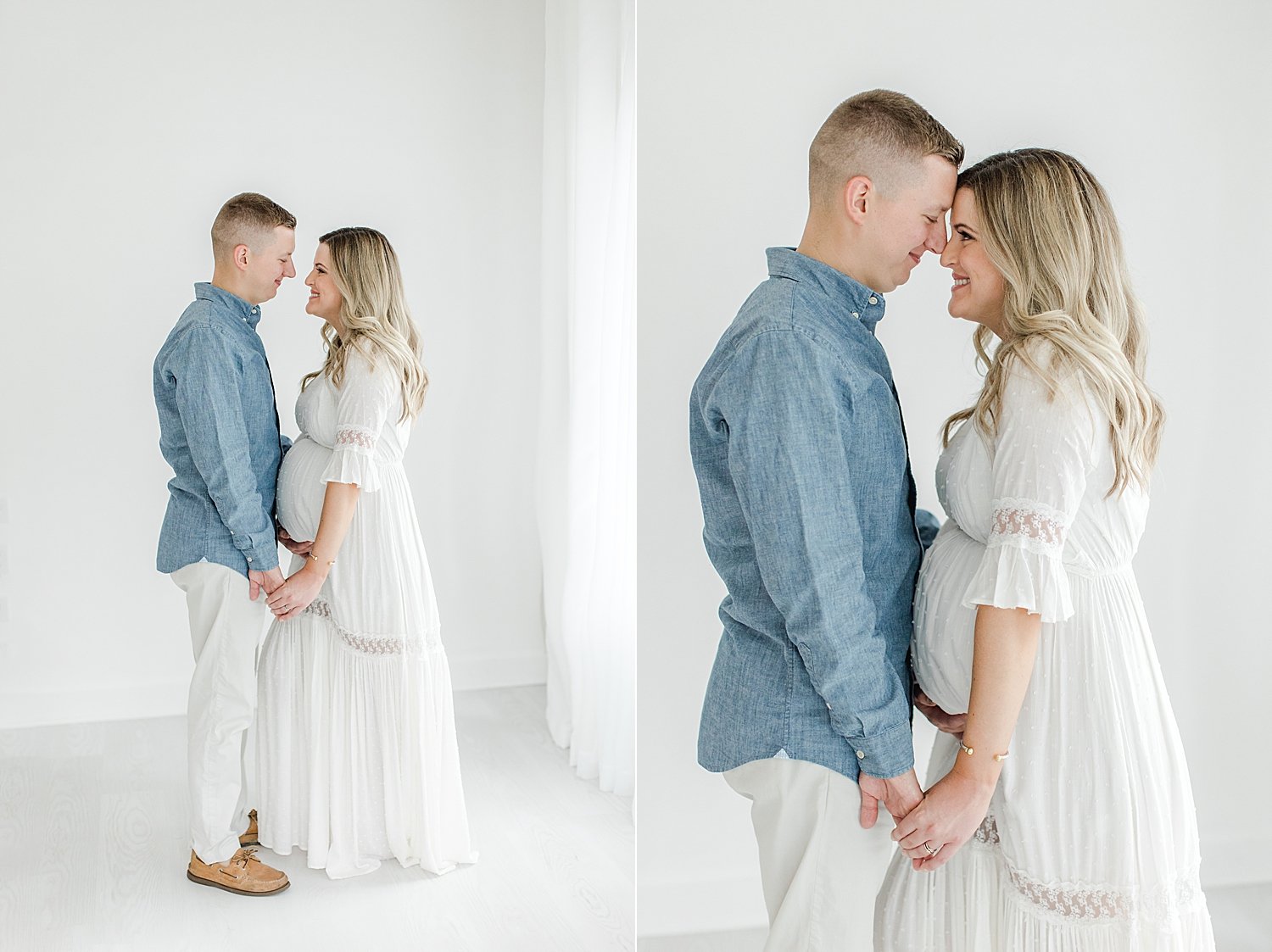 Expecting parents looking at each other during maternity session in Westport, CT with Kristin Wood Photography.