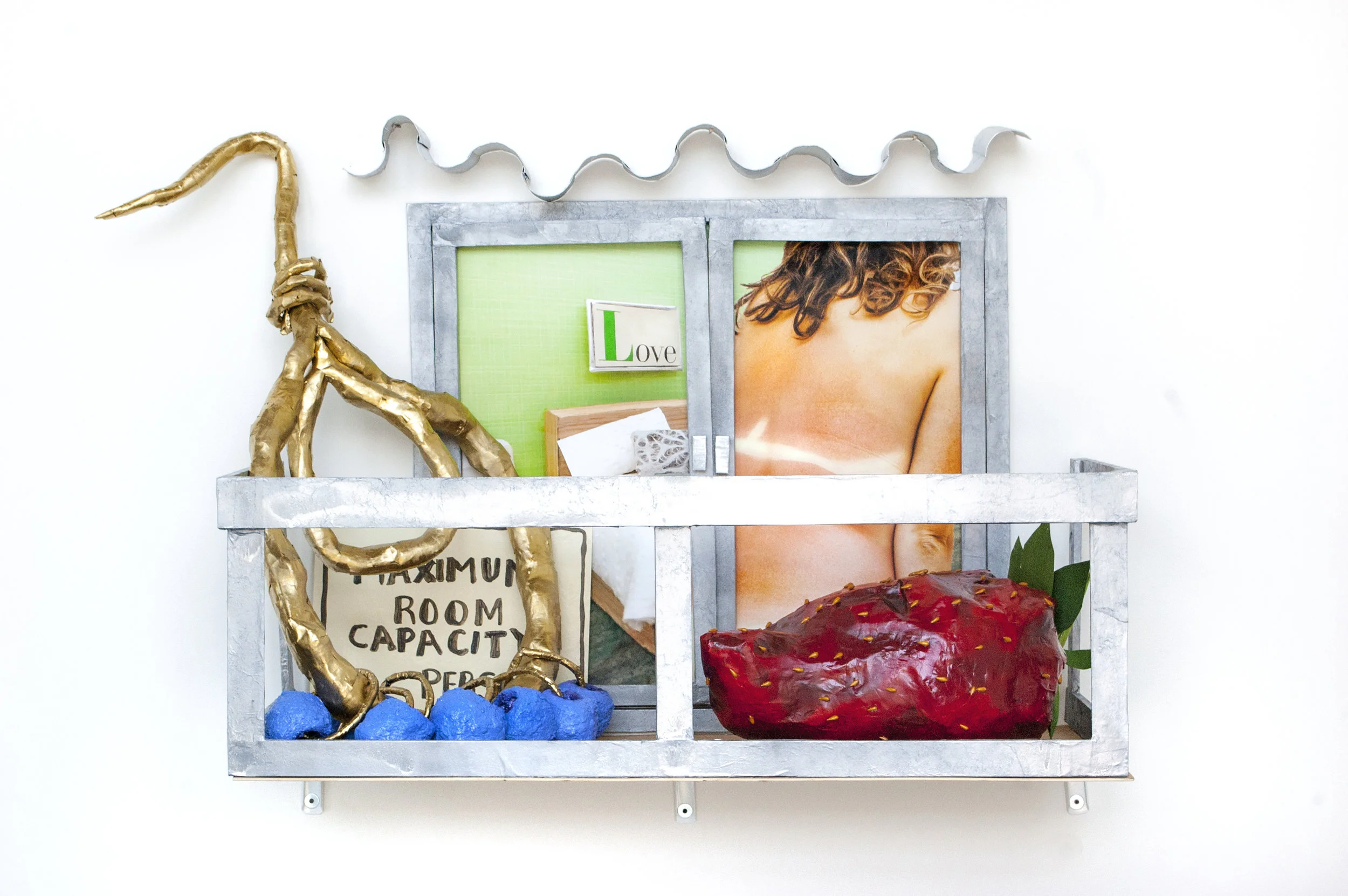 He can toss locally-sourced strawberries onto my imaginary pancakes but only after our tickle fight. I will save 15% off my entire order! Paper-mache, scrap, acrylic, 2017.