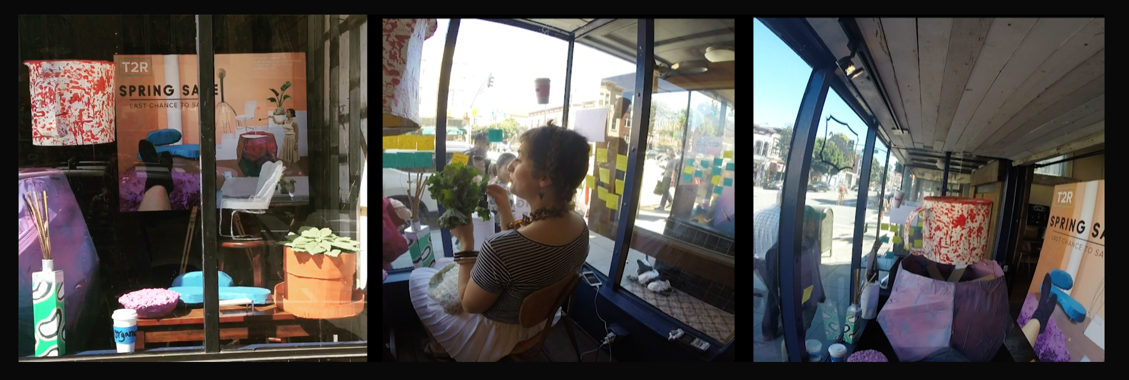 T2R Spring Sale Video stills of storefront window installation, San Francisco, CA, 2017