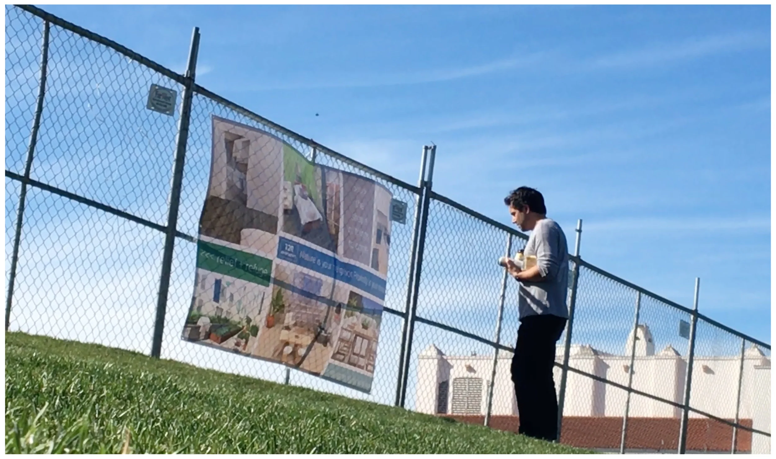 Nature Is Your Neighbor. Proximity Is Your Reward (video still) Vinyl banner with photocollage images, site-specific installation at Dolores Park, San Francisco, CA, 2017