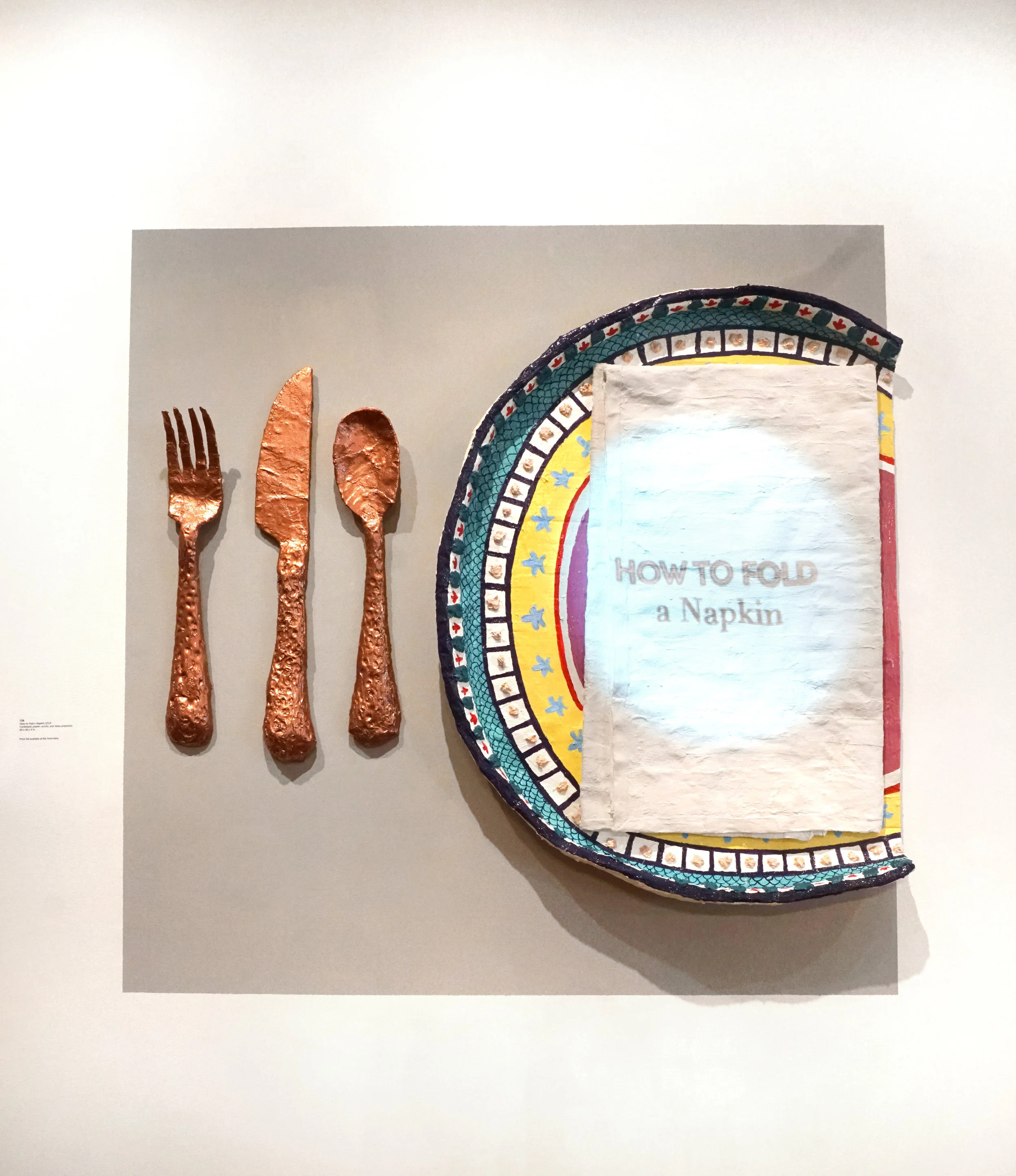How to Fold a Napkin , cardboard, plaster, acrylic, cloth-mache, video projection at Root Division, group show “Funk Ain’t Dead”, 2018.