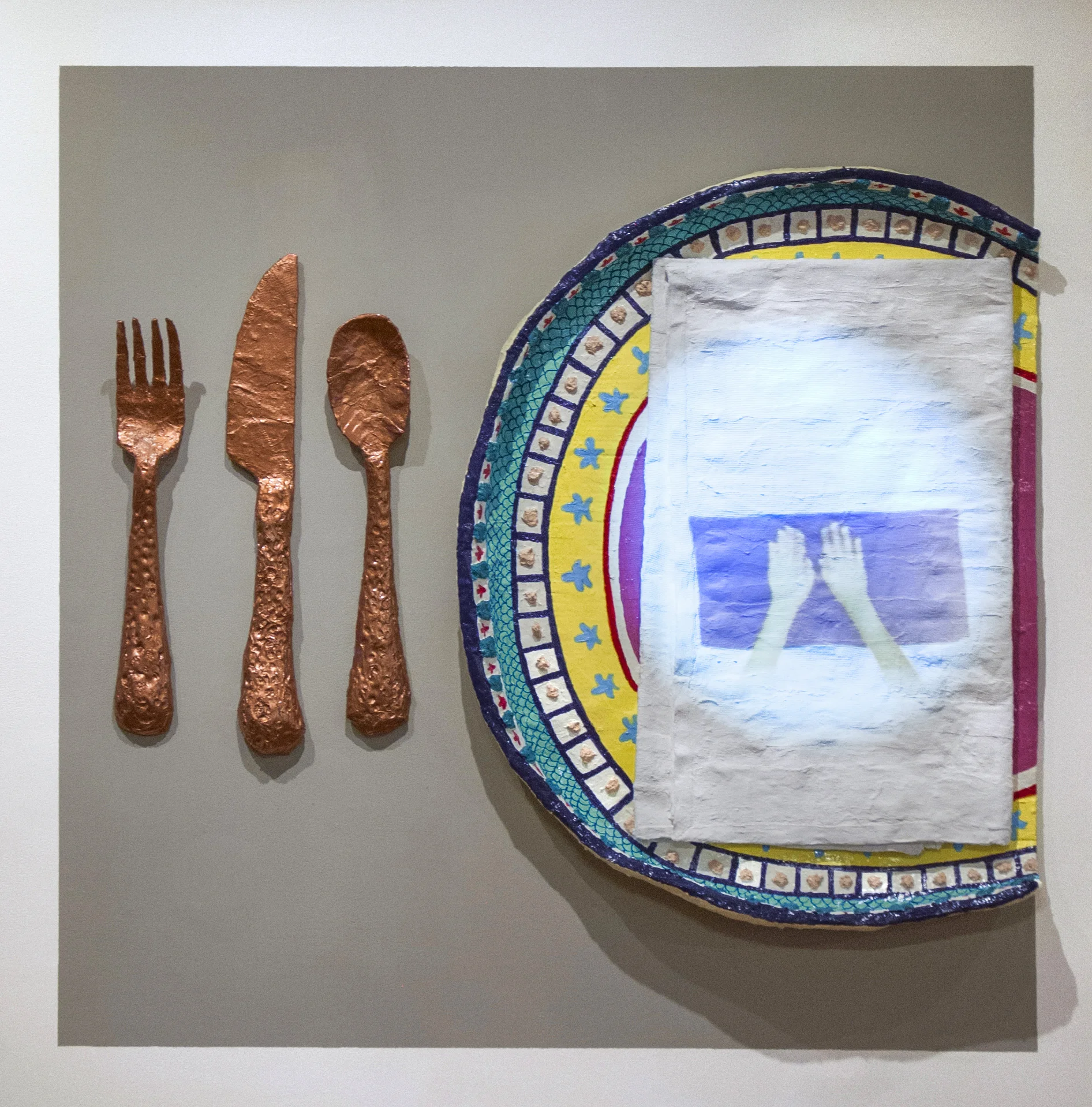 How to Fold a Napkin , cardboard, plaster, acrylic, cloth-mache, video projection at Root Division, group show “Funk Ain’t Dead”, 2018.