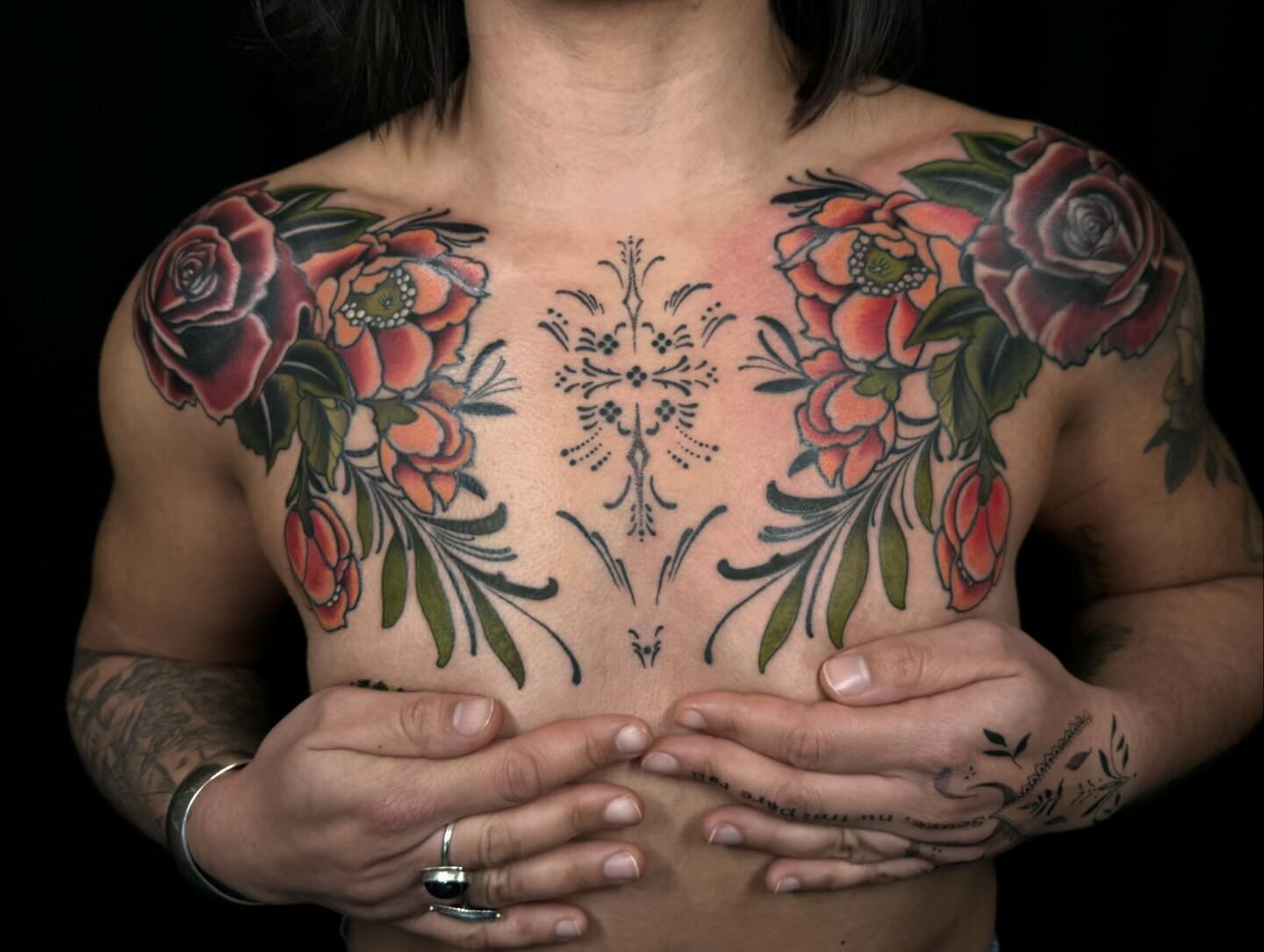 I love this symmetrical chest piece we finished in two full days on suzie ! 
She originally had a rose on the left shoulder that we revamped and then added all the new floral and ornaments in the sternum . 

Thanks for being so tuff ! 
&bull;
&bull;
