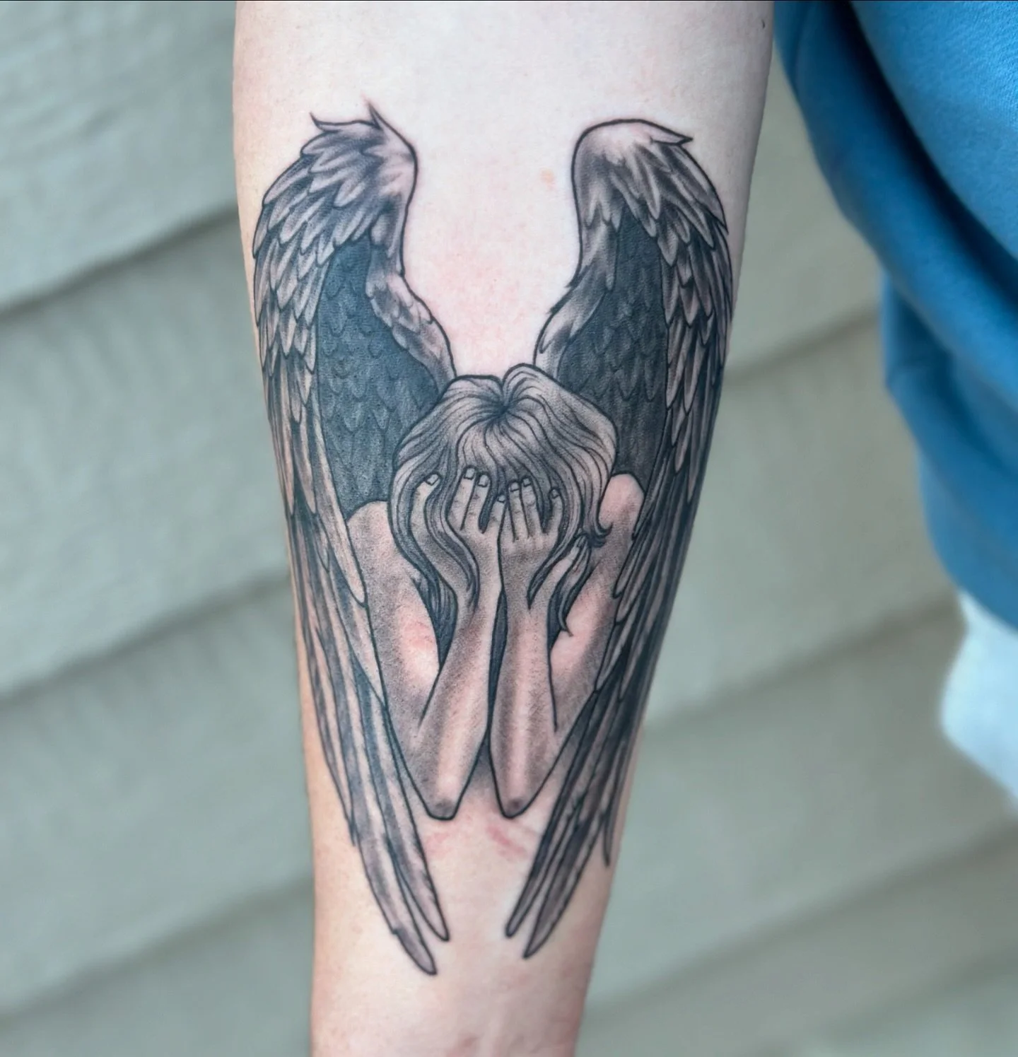 #angel #weeping #crying #angeltattoo #tattoo #tattoos #bend #oregon #pnw #forearm #forearmtattoo #bendtattoo #bendtattooartist #wings