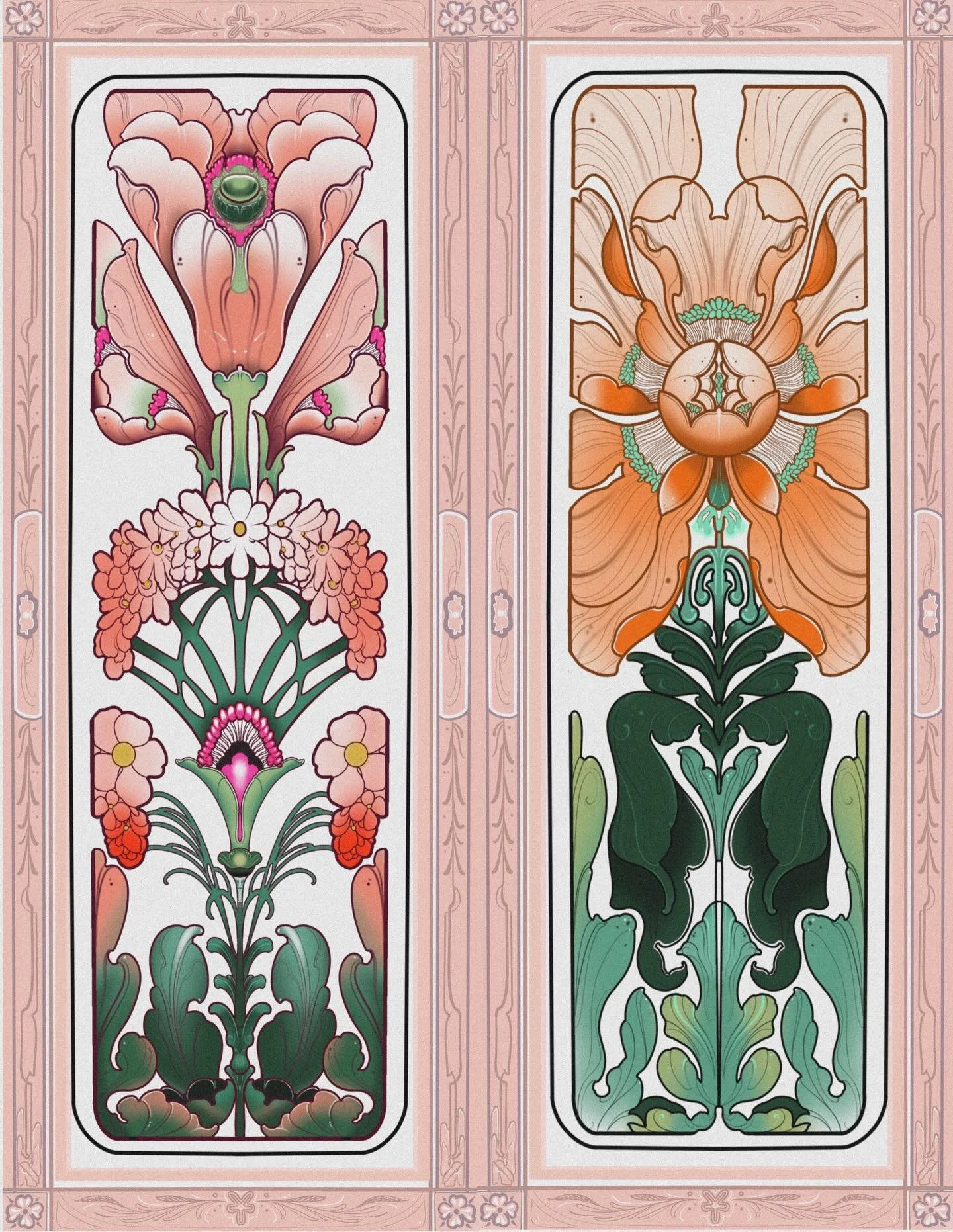 🌸Floral Nouveau🌸
I have a few of these 20.00 prints left . They did really well at the convention , so I&rsquo;m thinking of making some limited edition panel prints . They will be sold at @dark.nouveau.tattoo 
I also have some stickers ! 
Come say