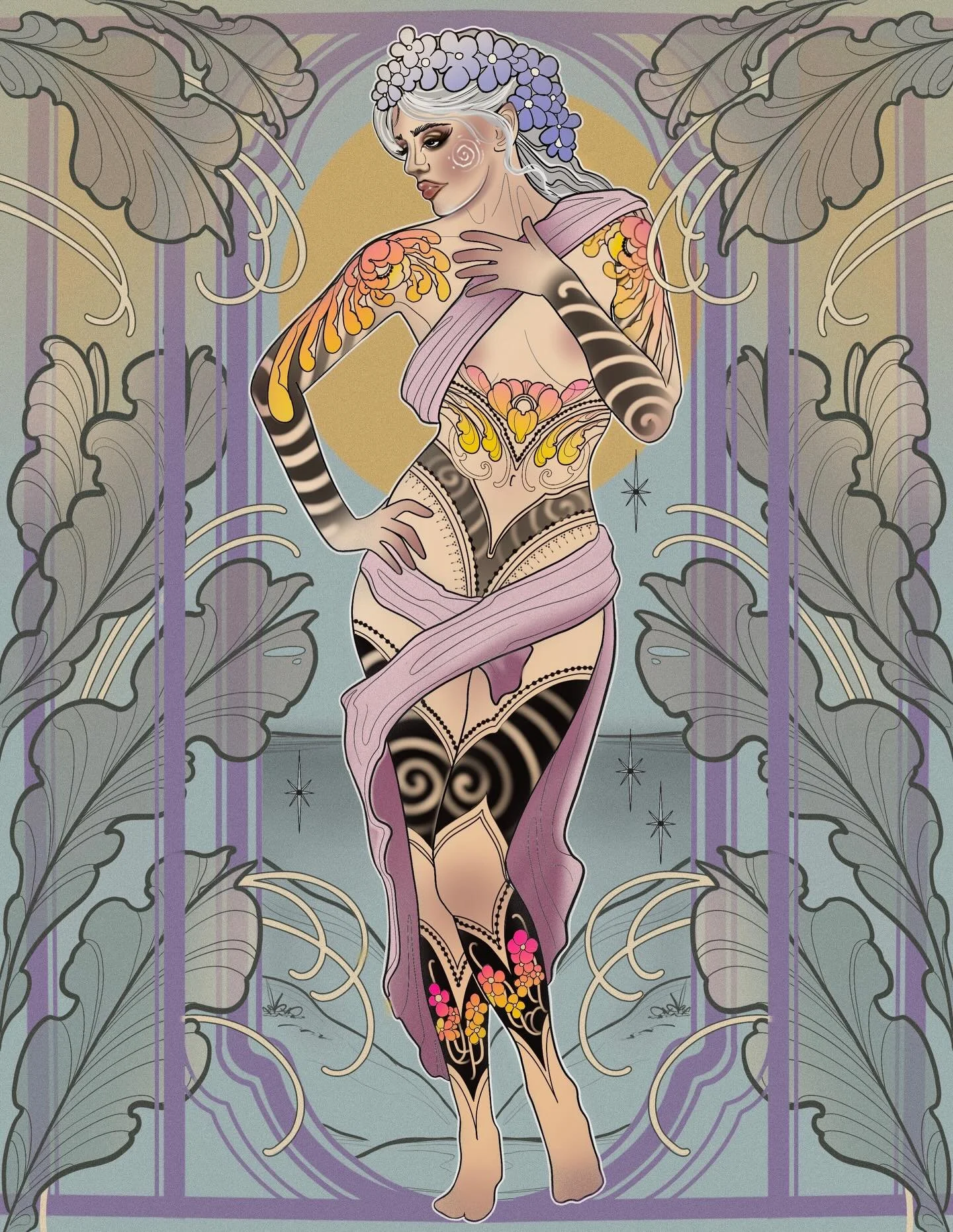 🌸🌀🌸 Swirl Girl 🌸🌀🌸

I&rsquo;ll have some larger prints of her available,I&rsquo;ll be updating my webstore and store front mid April !
These will be limited edition prints -so you can pre order.
#artnouveau #darknouveautattoo #keishanicoletatto