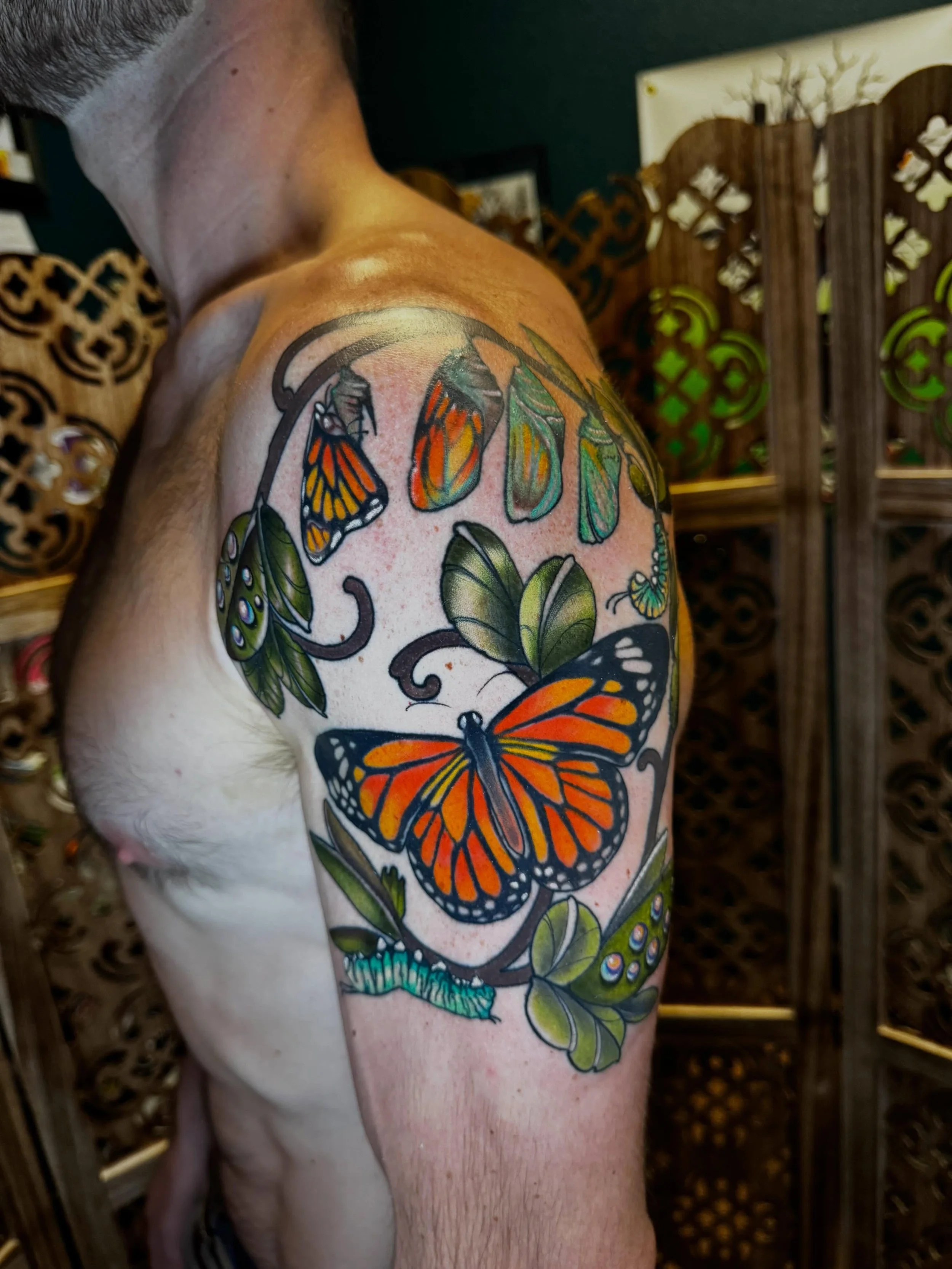 I had the honor of tattooing the life cycles of a monarch butterfly . I love the lil pupas 🌀🦋🫧
We will be creating a sleeve for this feller soon ,super exited !
&hellip;&hellip;
I am currently booking summer , and have limited availability .
Putti