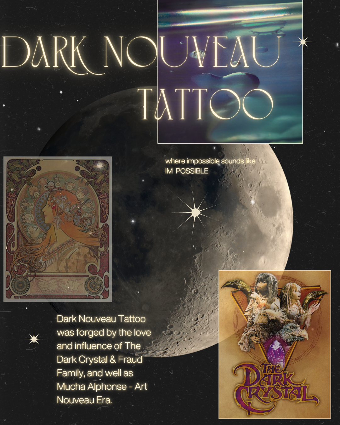 Promotional poster for Dark Nouveau Tattoo featuring a starry night sky background with lunar imagery, a tarot card illustration of a woman with flowing hair, and a fantasy-style character group. The text indicates the tattoo studio's inspiration fro