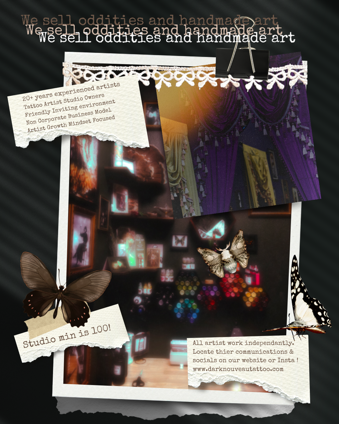 Collage of photos showcasing an art studio and artworks, with torn paper notes and butterflies, promoting a tattoo and handmade art business.