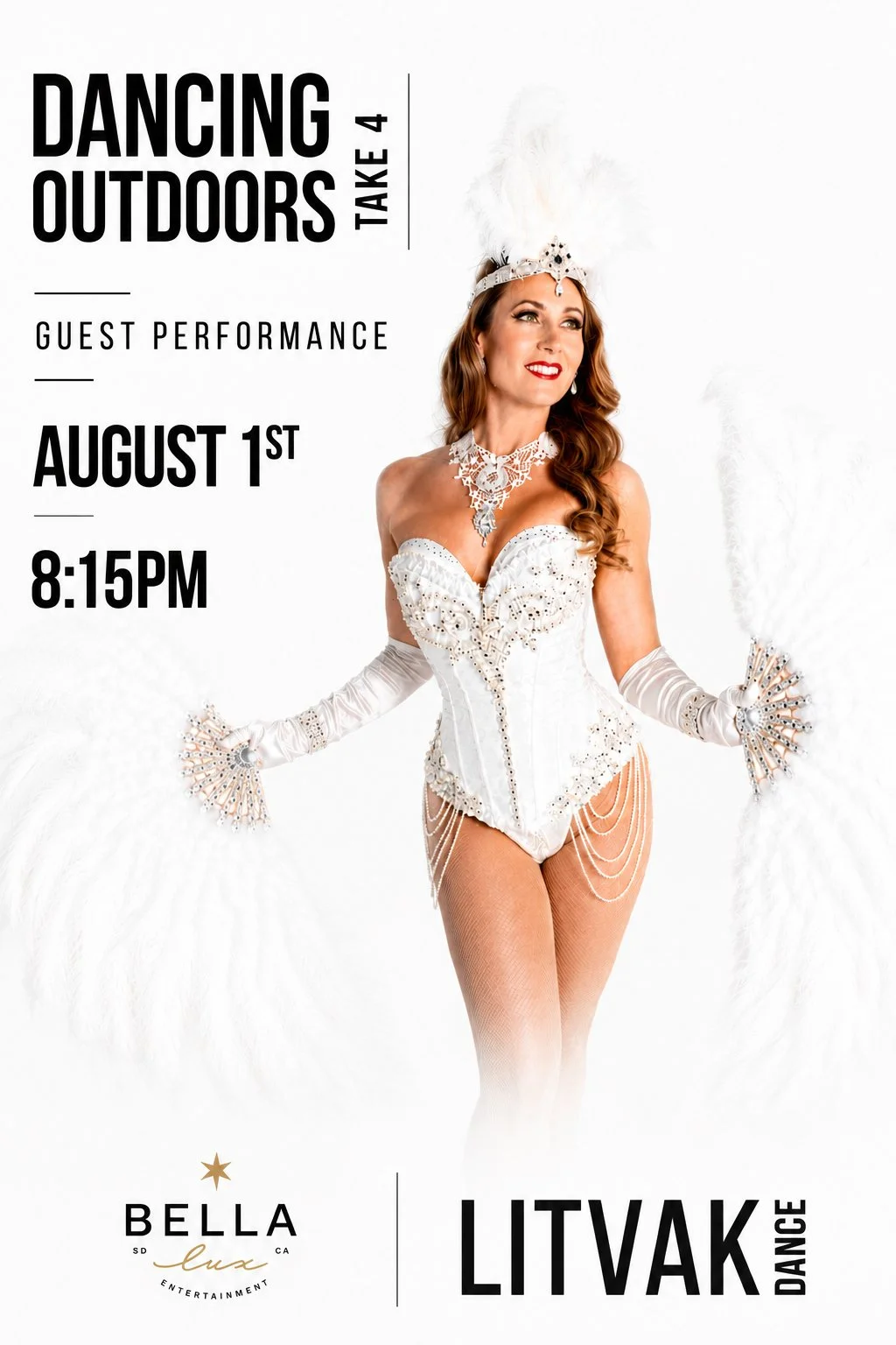 Dancer in a white showgirl costume with feather fans