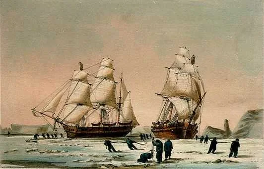 The Investigator and Enterprise , stuck in the ice of Mercy Bay, 1850. Image from the National Maritime Museum online collection.