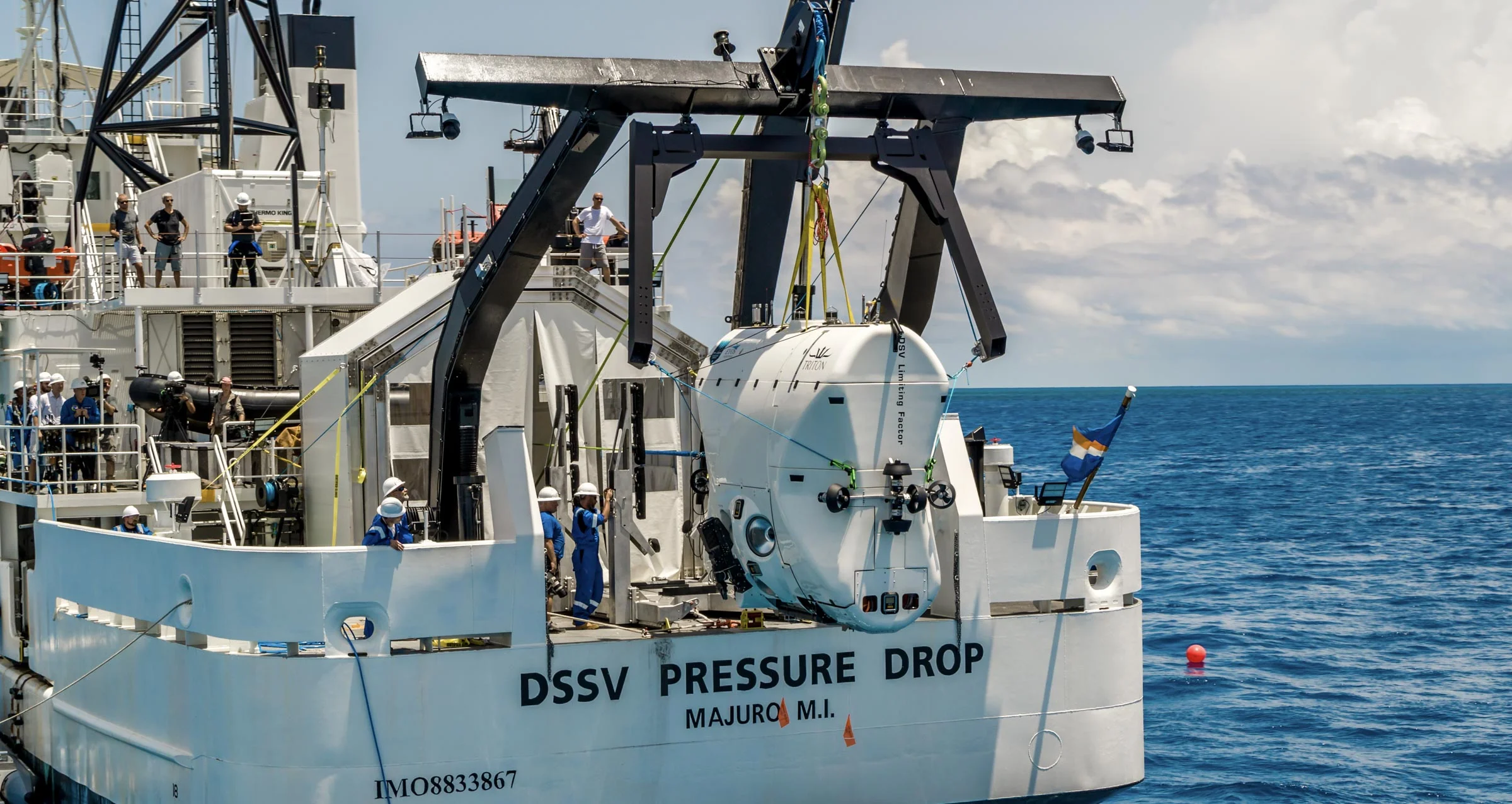 Launching Limiting Factor from the stern. Image from Five Deeps Expedition .