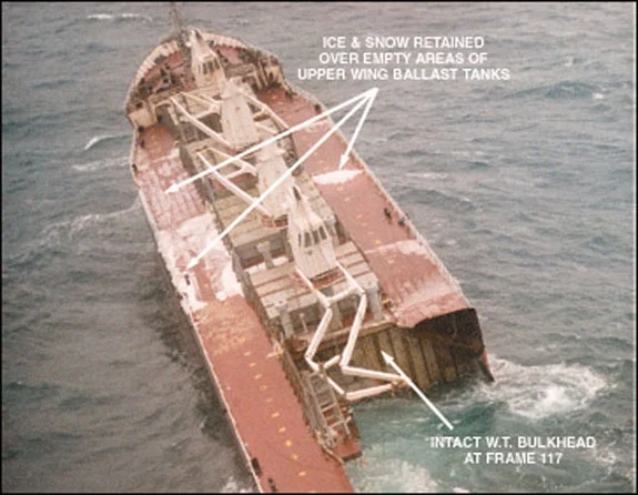 The bow of the Flare, adrift after the separation. Photo from the Transport Safety Board of Canada.