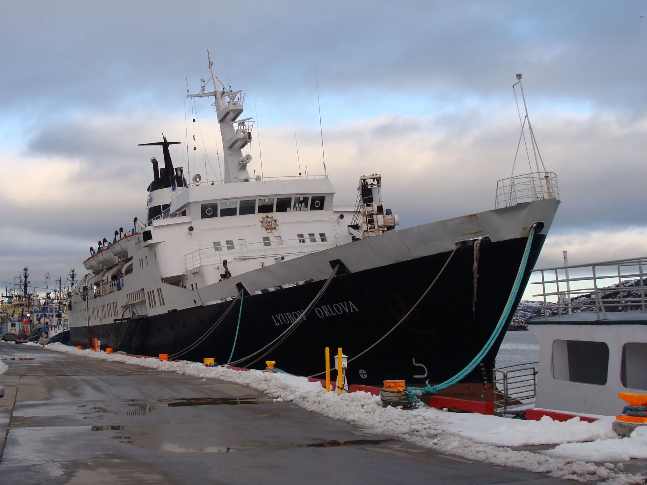 The Lyubov Orlova, listing to starboard in the harbour. Image by Heather Elliott, December 2011.