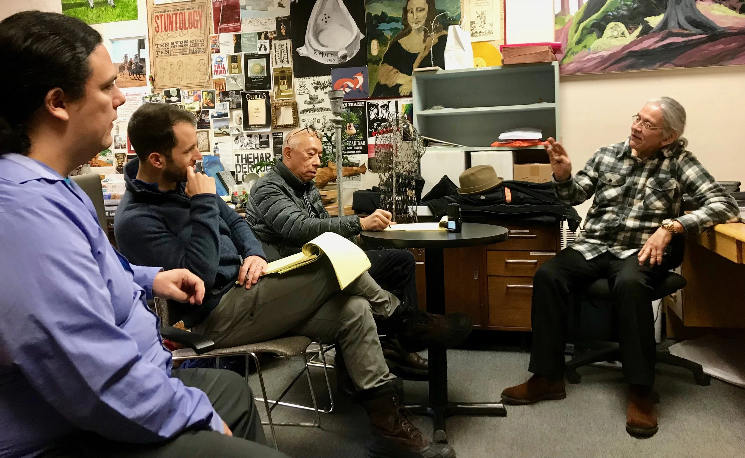 Frank Kaash Katasse, Ryan Conarro, Ping Chong, and Walter Soboleff Jr. at the Juneau Arts & Culture Center, February 2018