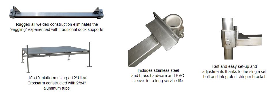 Designed in-house to be the superior alternative to traditional dock support methods. Our Ultra Crossarms are welded from heavy duty aluminum tubing and include stainless steel and brass hardware to insure long life. The highly versatile Ultra Cross…