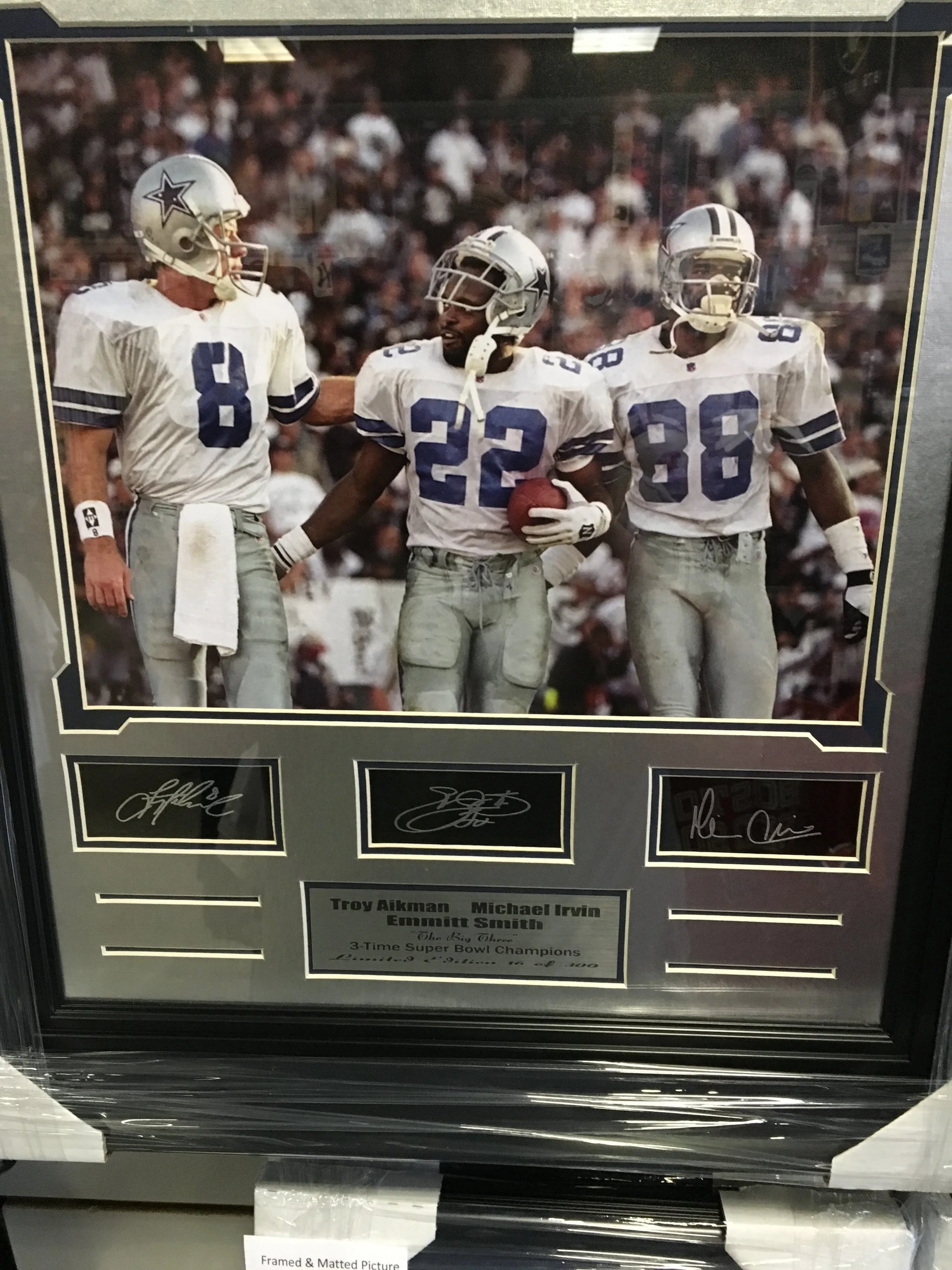 Troy Aikman Emmitt Smith Michael Irvin Dallas Cowboys Triple Laser Engraved Autograph Framed and Matted Picture
