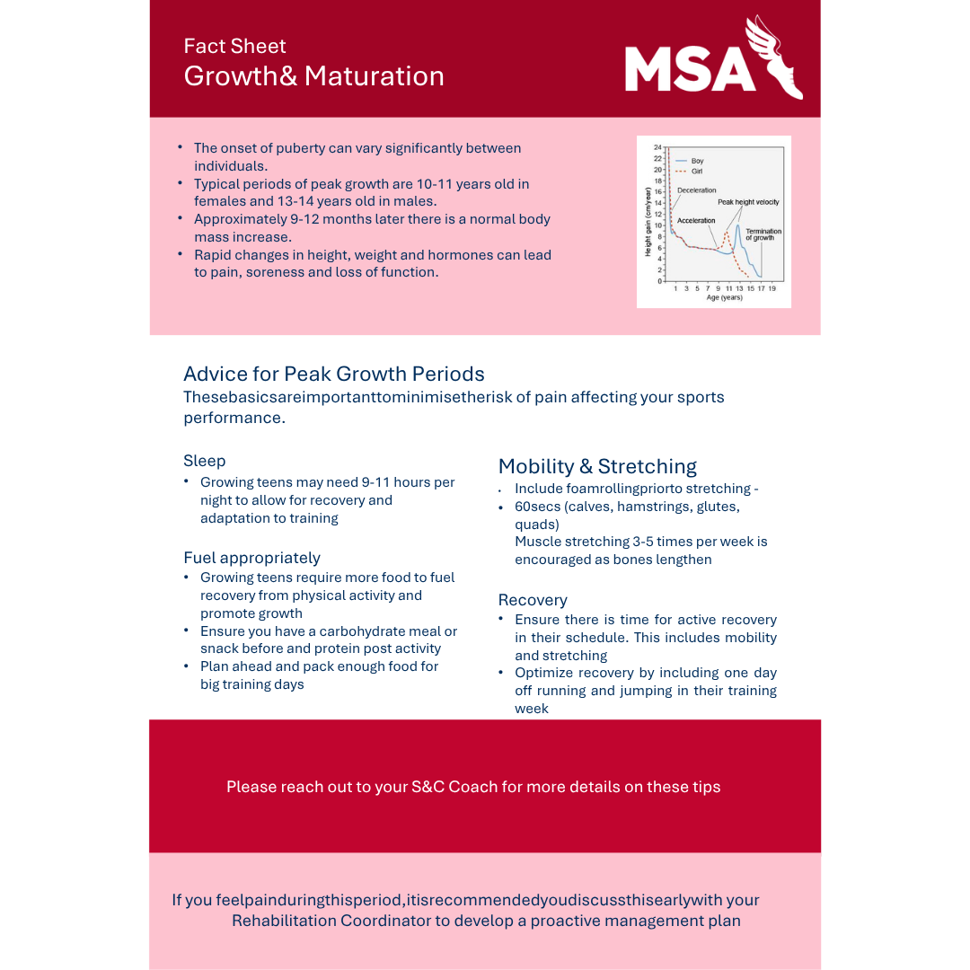 Fact sheet titled 'Growth & Maturation' from MSA, including a graph comparing height increase in boys and girls, with advice on peak growth periods, sleep, fuel, mobility, stretching, and recovery, addressed to sports coaches and injured athletes.